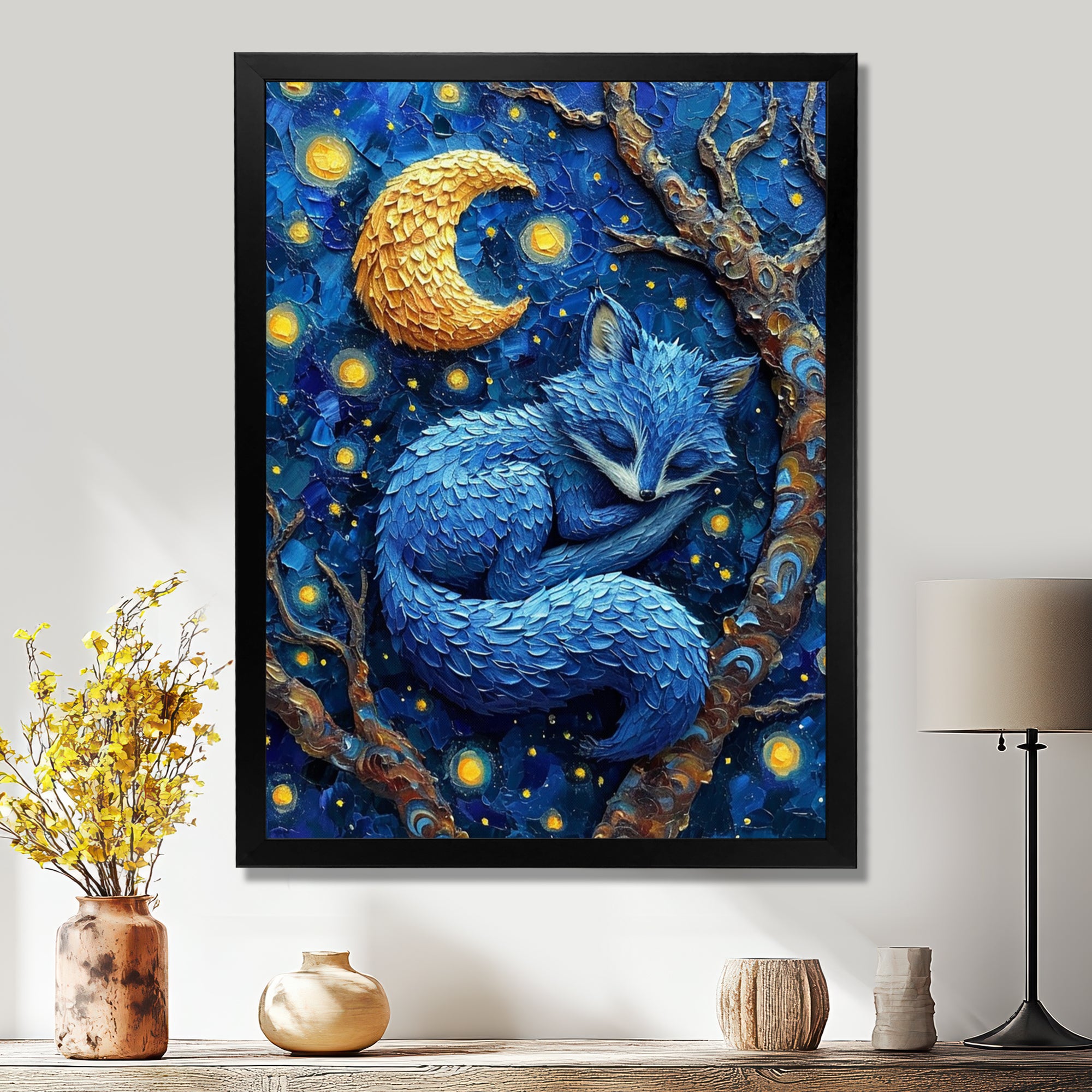 Cute Blue Fox Sleeping Under Full Moon - Blue Fox Wall Art