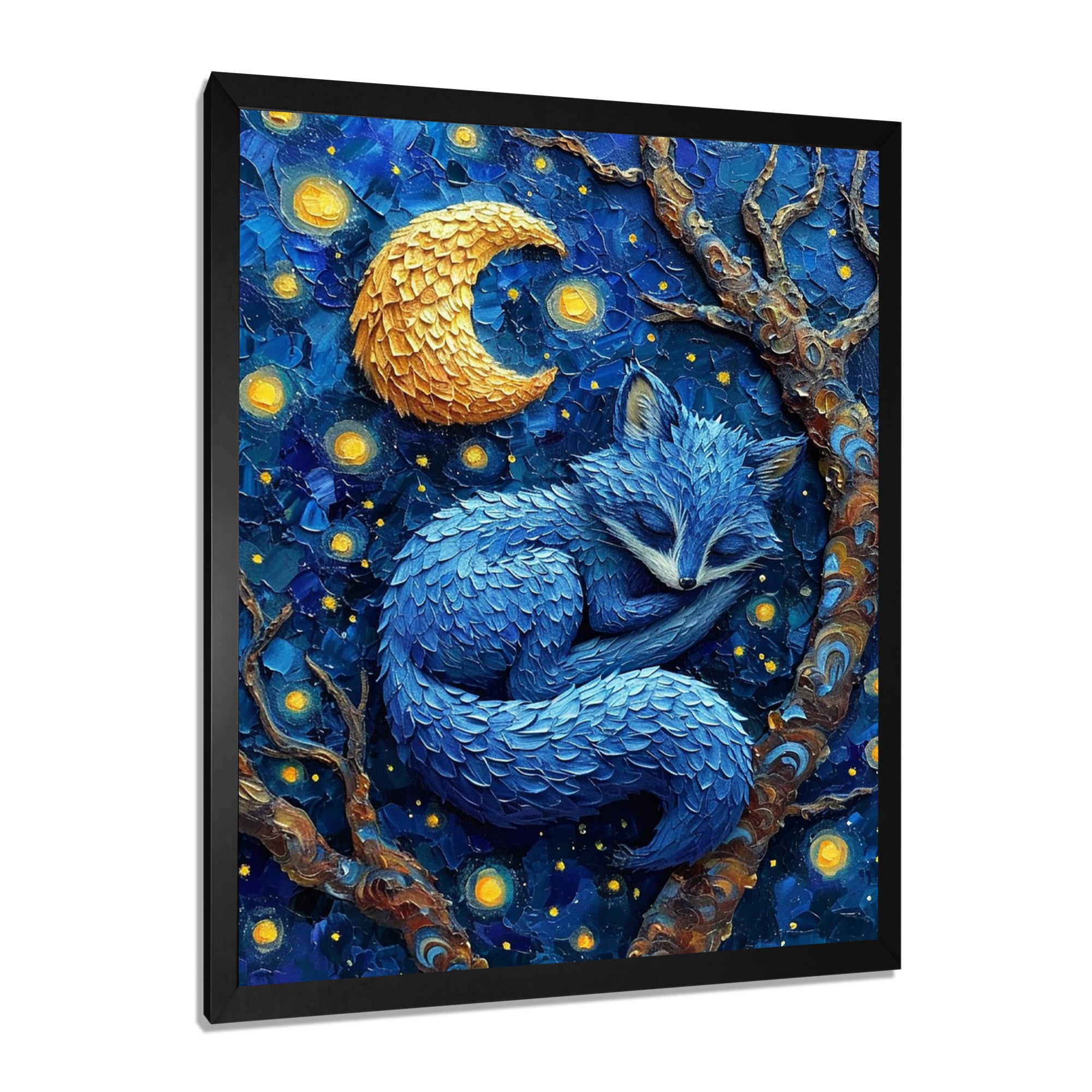 Cute Blue Fox Sleeping Under Full Moon - Blue Fox Wall Art