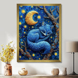 Cute Blue Fox Sleeping Under Full Moon - Blue Fox Wall Art