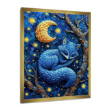Cute Blue Fox Sleeping Under Full Moon - Blue Fox Wall Art