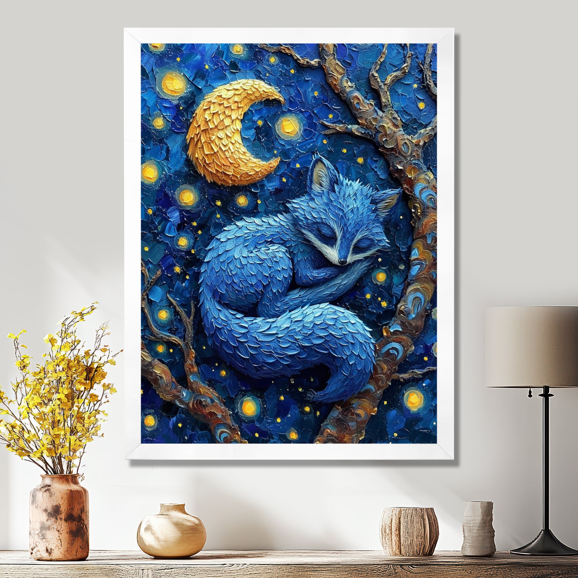 Cute Blue Fox Sleeping Under Full Moon - Blue Fox Wall Art
