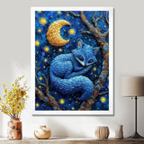 Cute Blue Fox Sleeping Under Full Moon - Blue Fox Wall Art