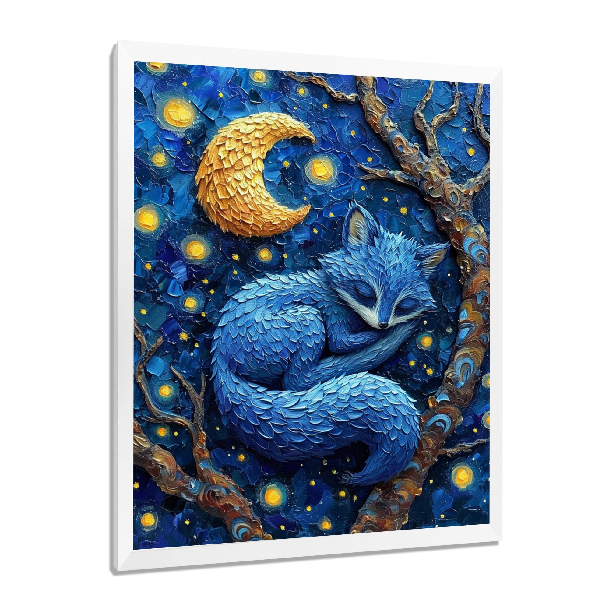 Cute Blue Fox Sleeping Under Full Moon - Blue Fox Wall Art