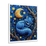Cute Blue Fox Sleeping Under Full Moon - Blue Fox Wall Art