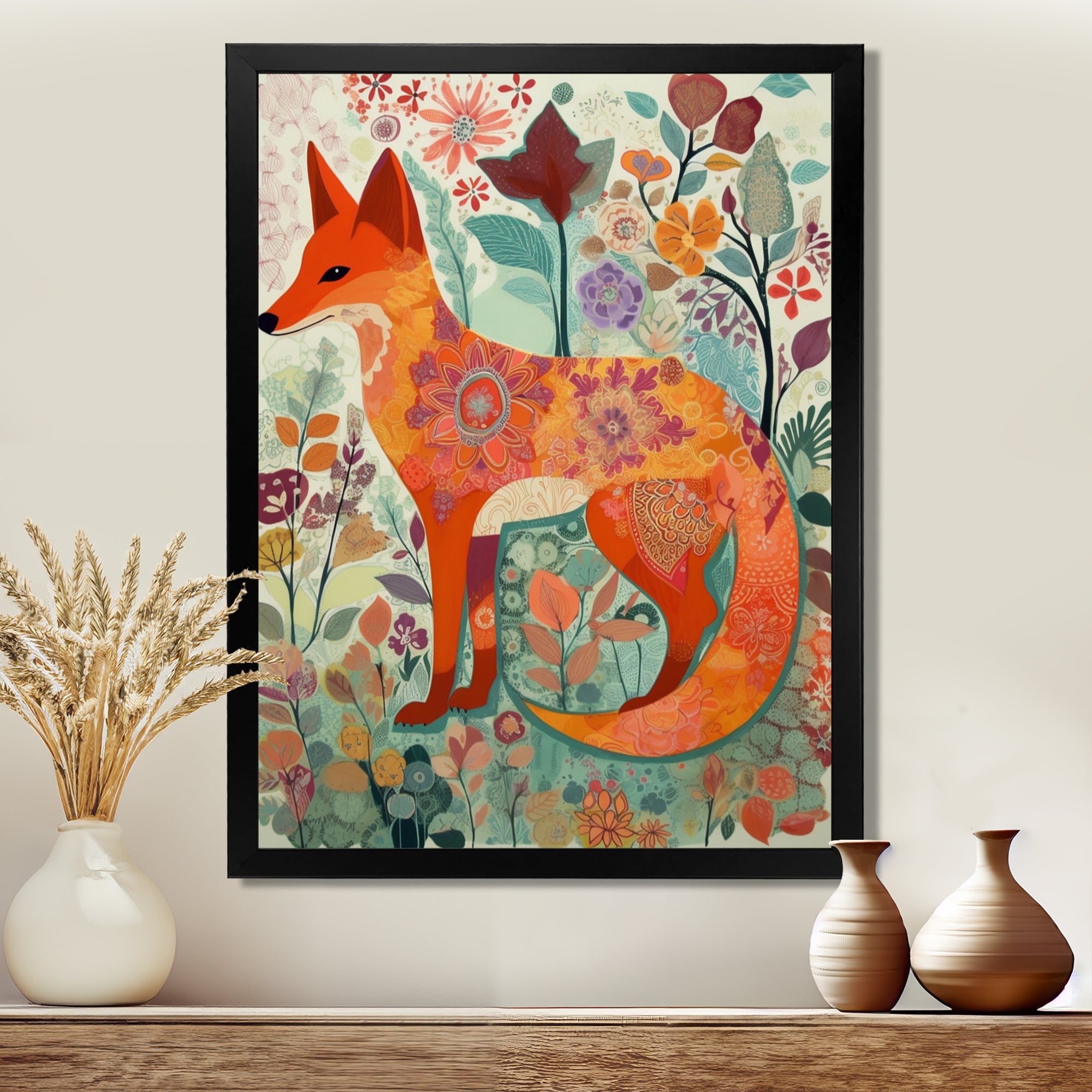 Boho Fox In Flower Forest - Orange Fox Wall Art