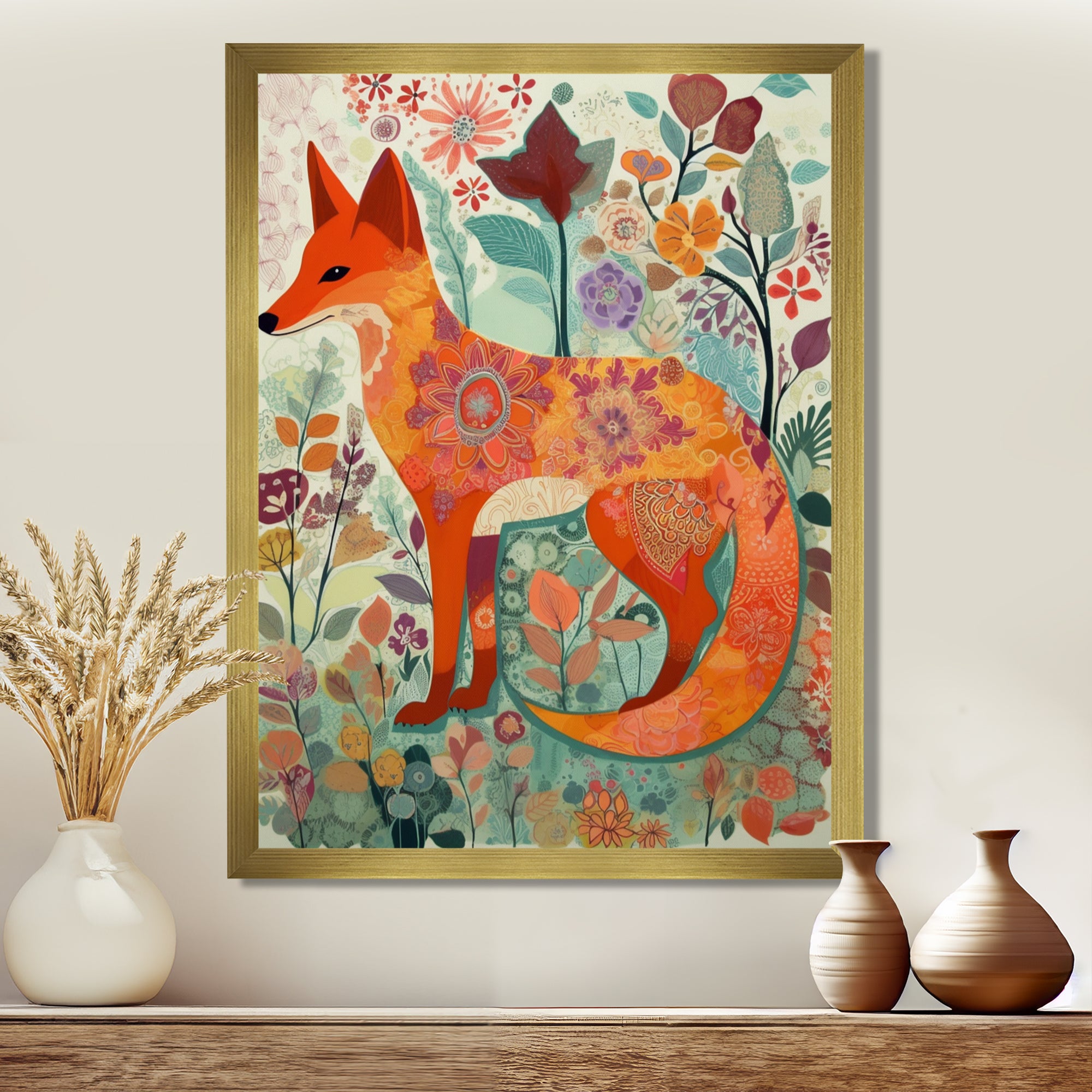 Boho Fox In Flower Forest - Orange Fox Wall Art