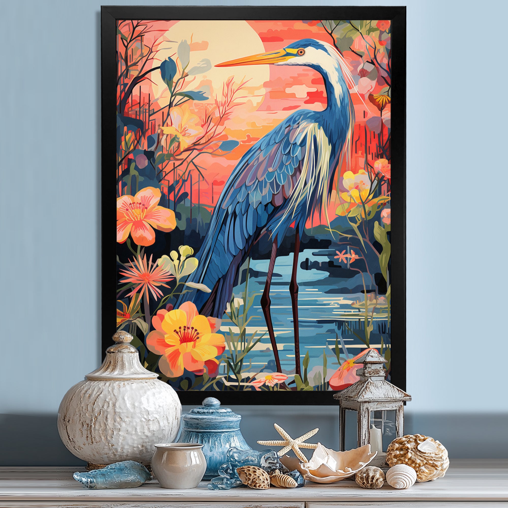 Blue Heron Retro Flower Illustration - Heron Wall Art Prints