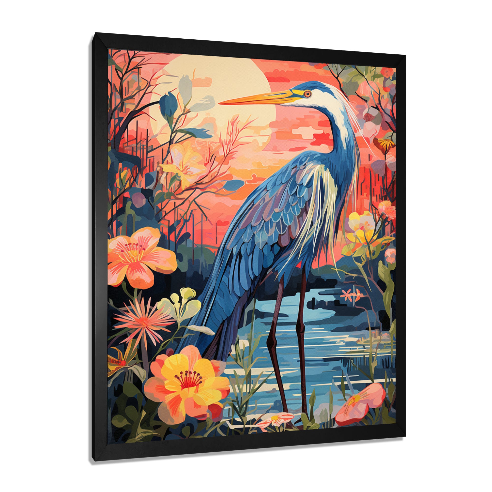 Blue Heron Retro Flower Illustration - Heron Wall Art Prints