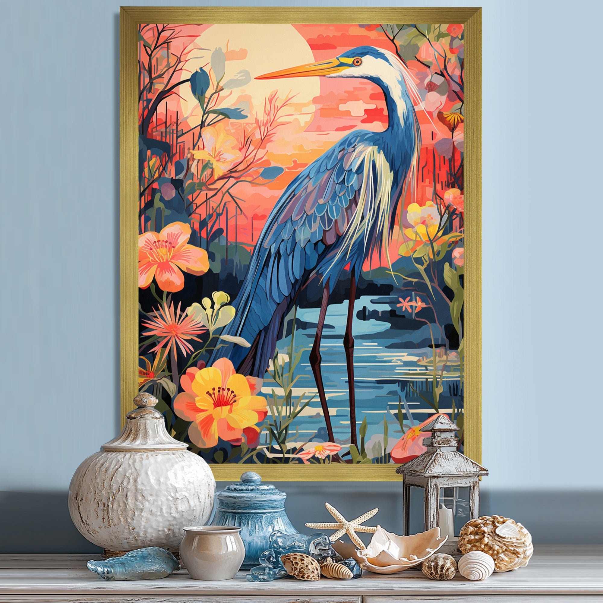 Blue Heron Retro Flower Illustration - Heron Wall Art Prints
