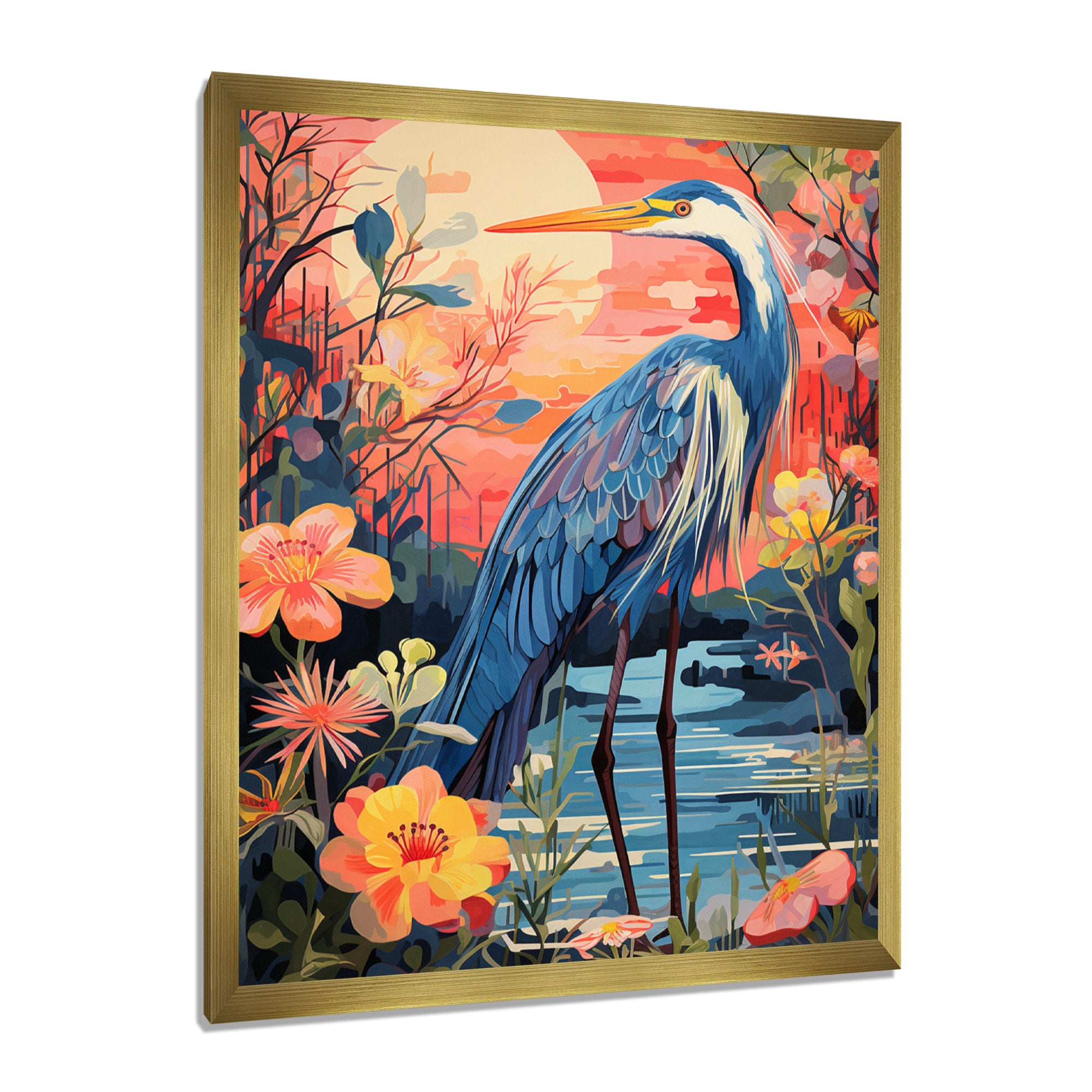Blue Heron Retro Flower Illustration - Heron Wall Art Prints