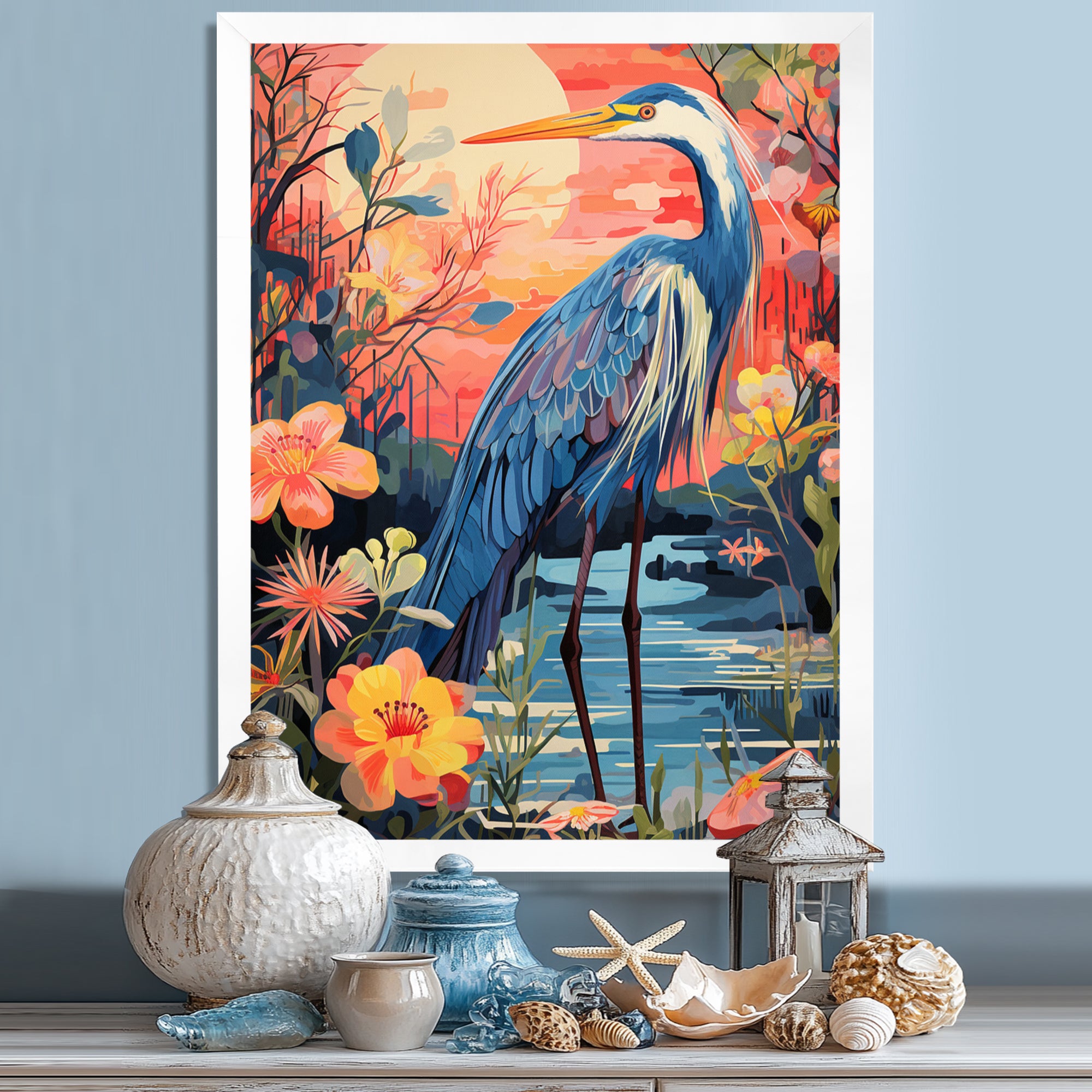 Blue Heron Retro Flower Illustration - Heron Wall Art Prints