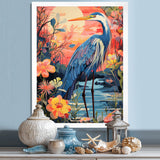 Blue Heron Retro Flower Illustration - Heron Wall Art Prints
