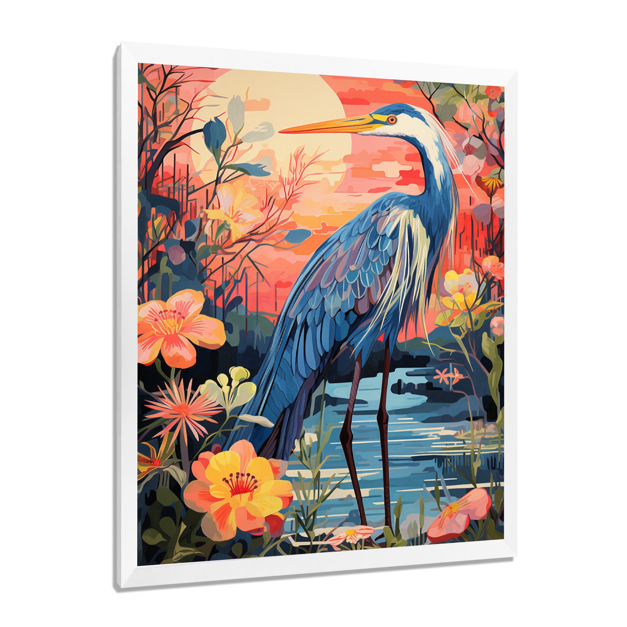 Blue Heron Retro Flower Illustration - Heron Wall Art Prints