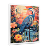Blue Heron Retro Flower Illustration - Heron Wall Art Prints