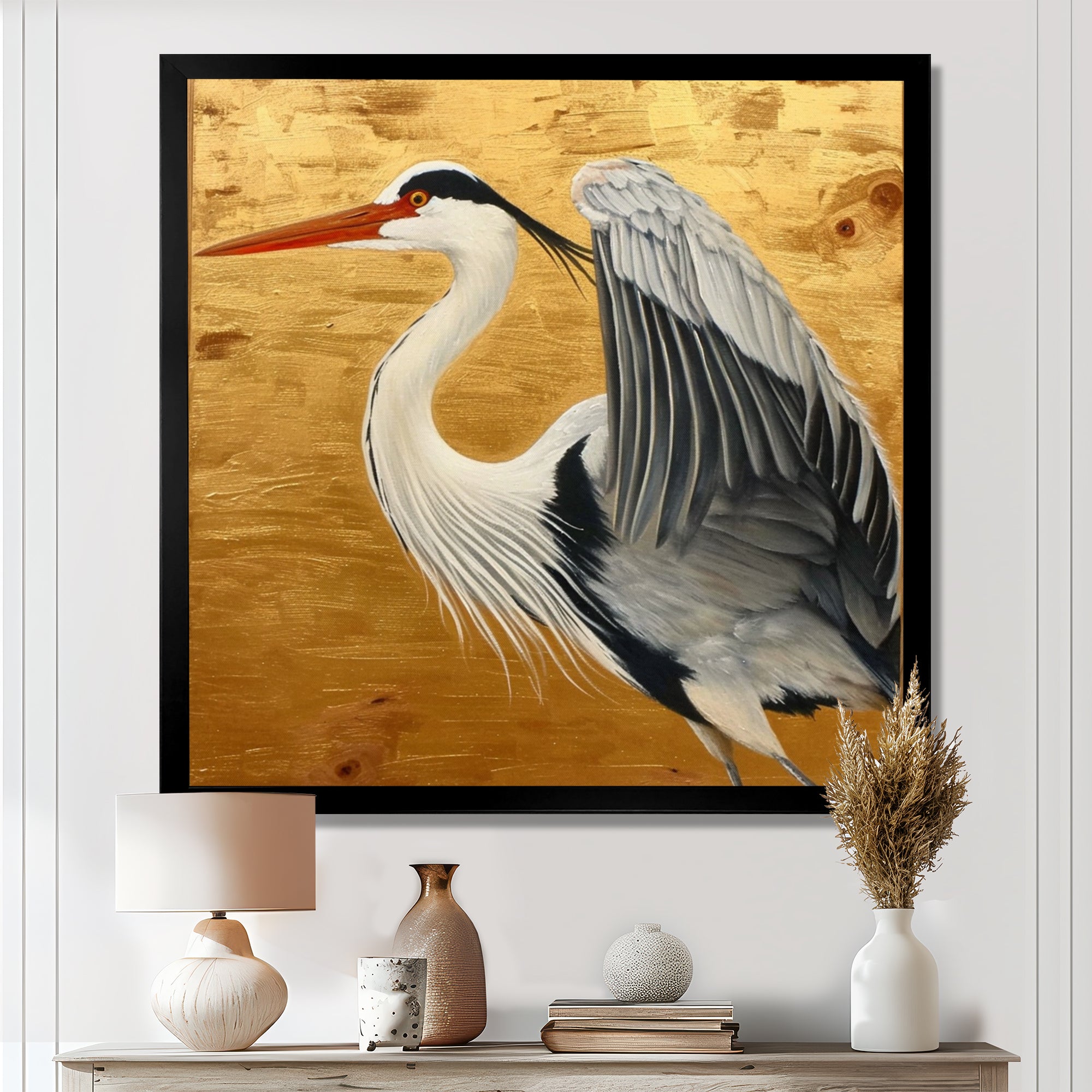 Heron Ready For Liftoff On Gold - White Heron Wall Art
