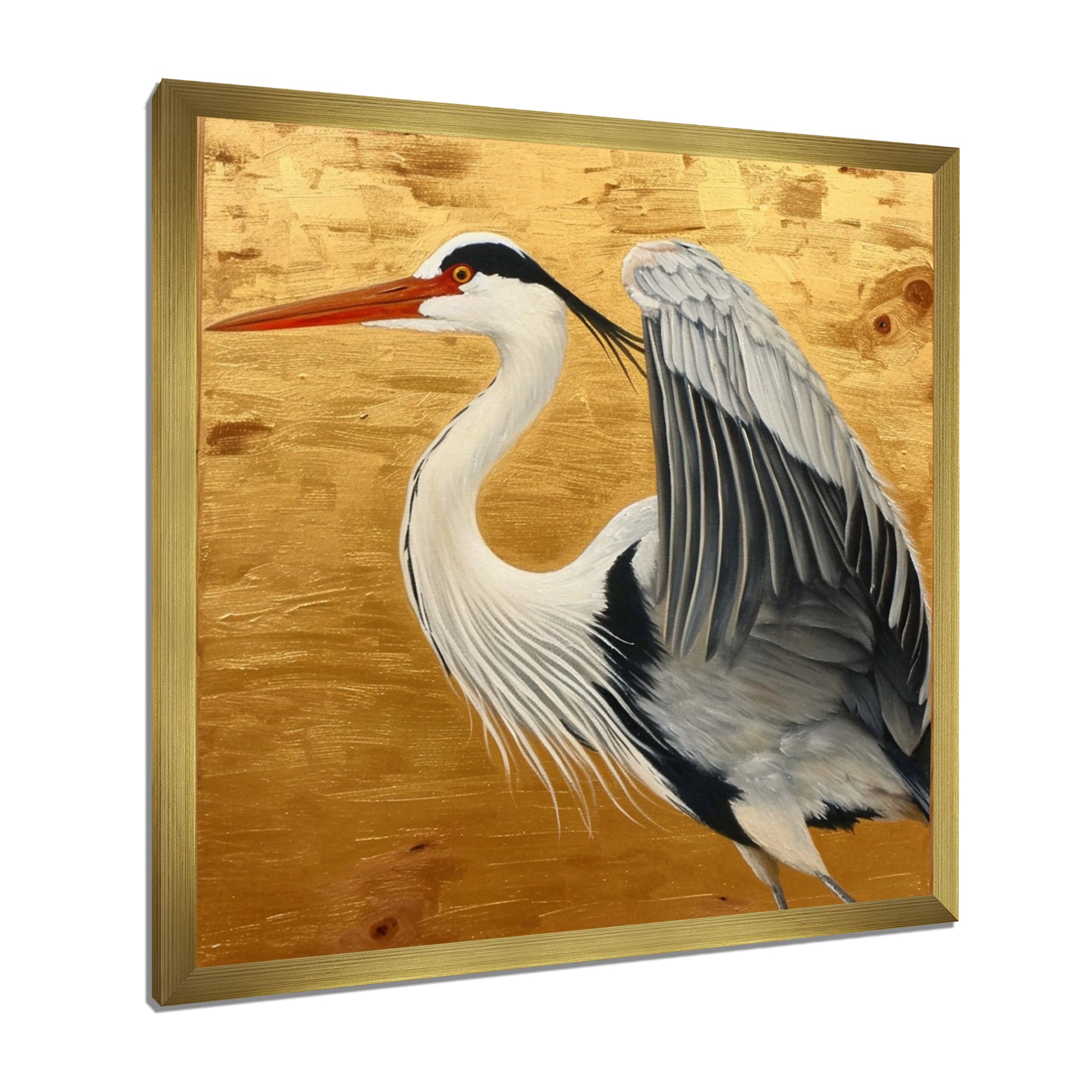 Heron Ready For Liftoff On Gold - White Heron Wall Art