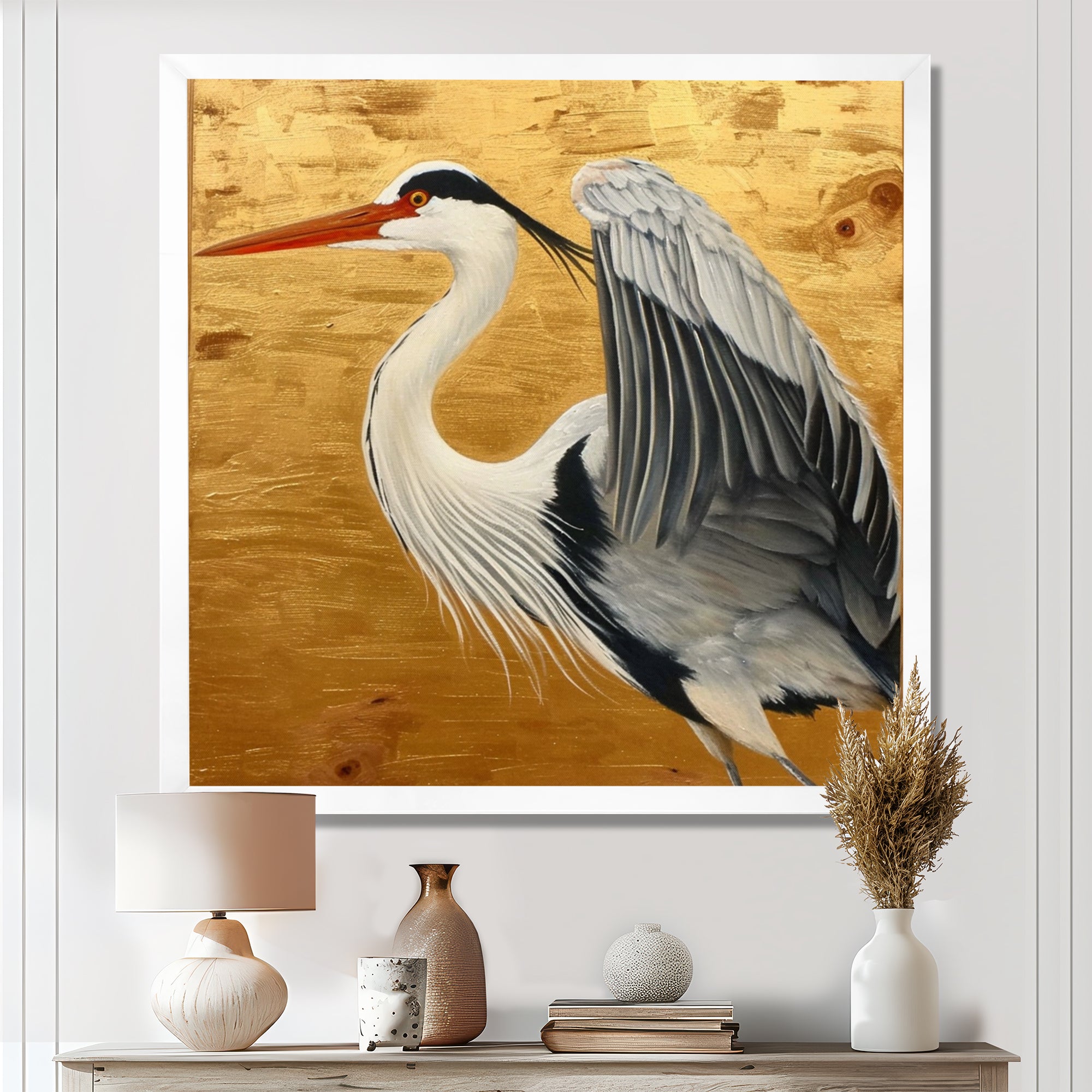 Heron Ready For Liftoff On Gold - White Heron Wall Art