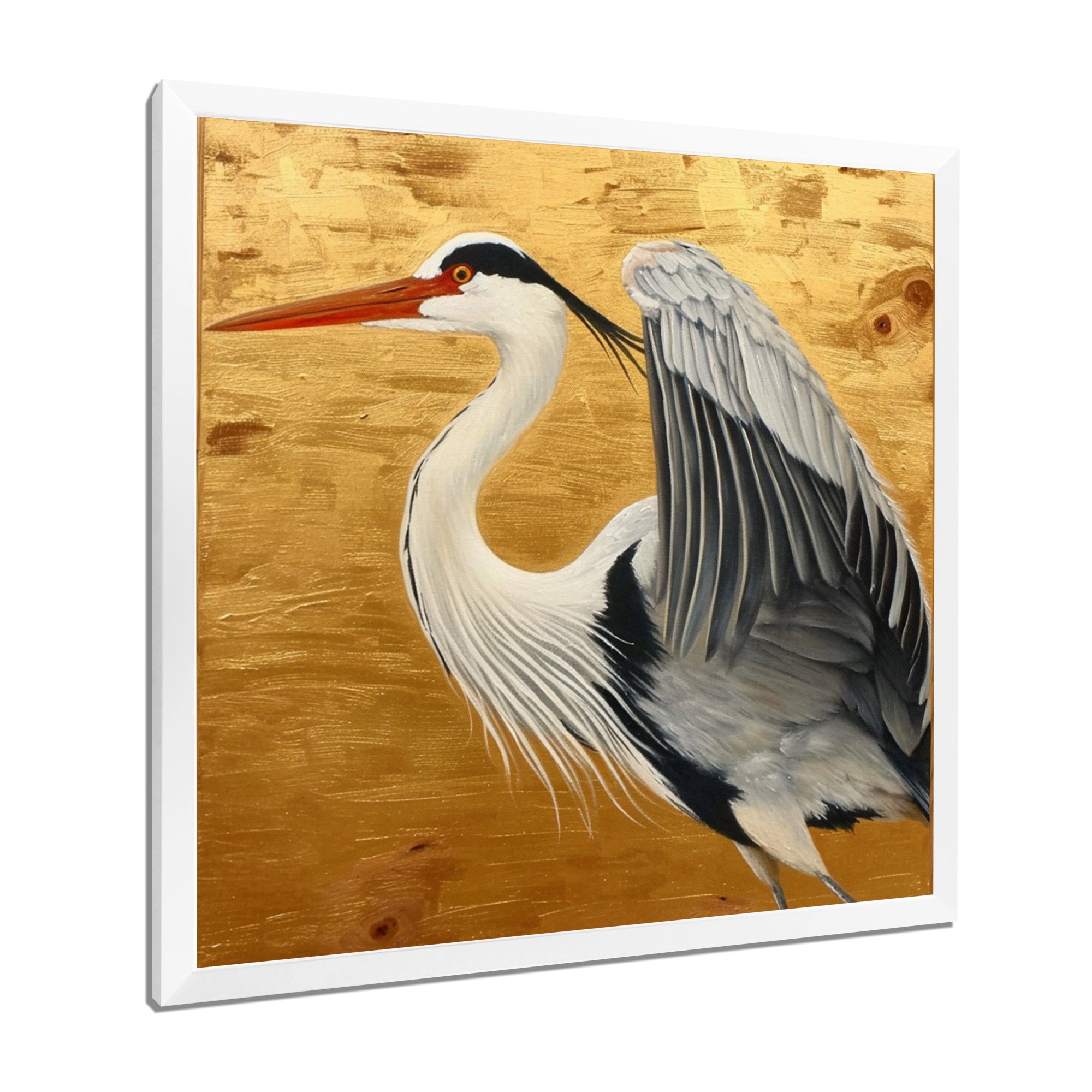 Heron Ready For Liftoff On Gold - White Heron Wall Art