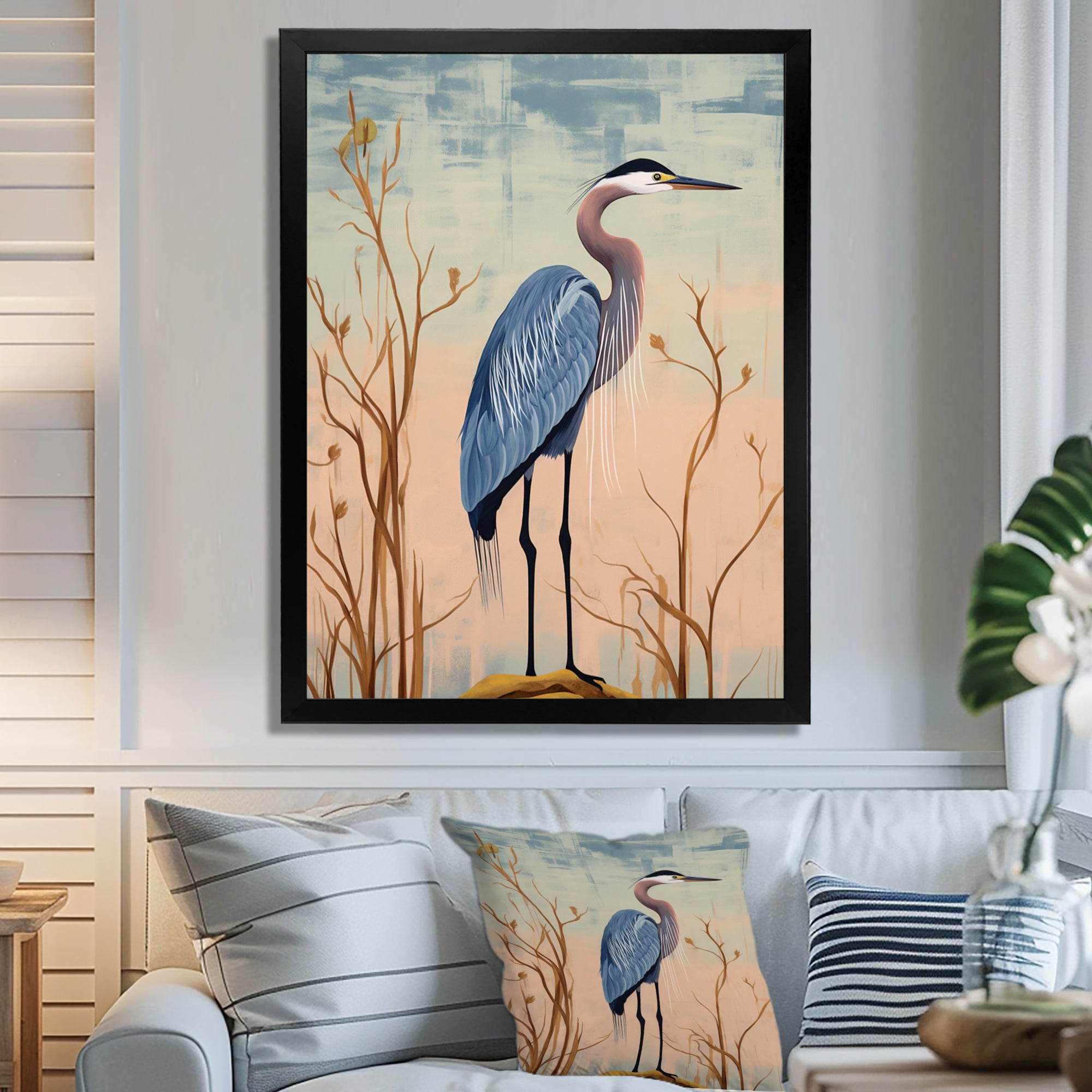 Blue Heron Pink Sky Retro Illustration - Blue Heron Wall Art