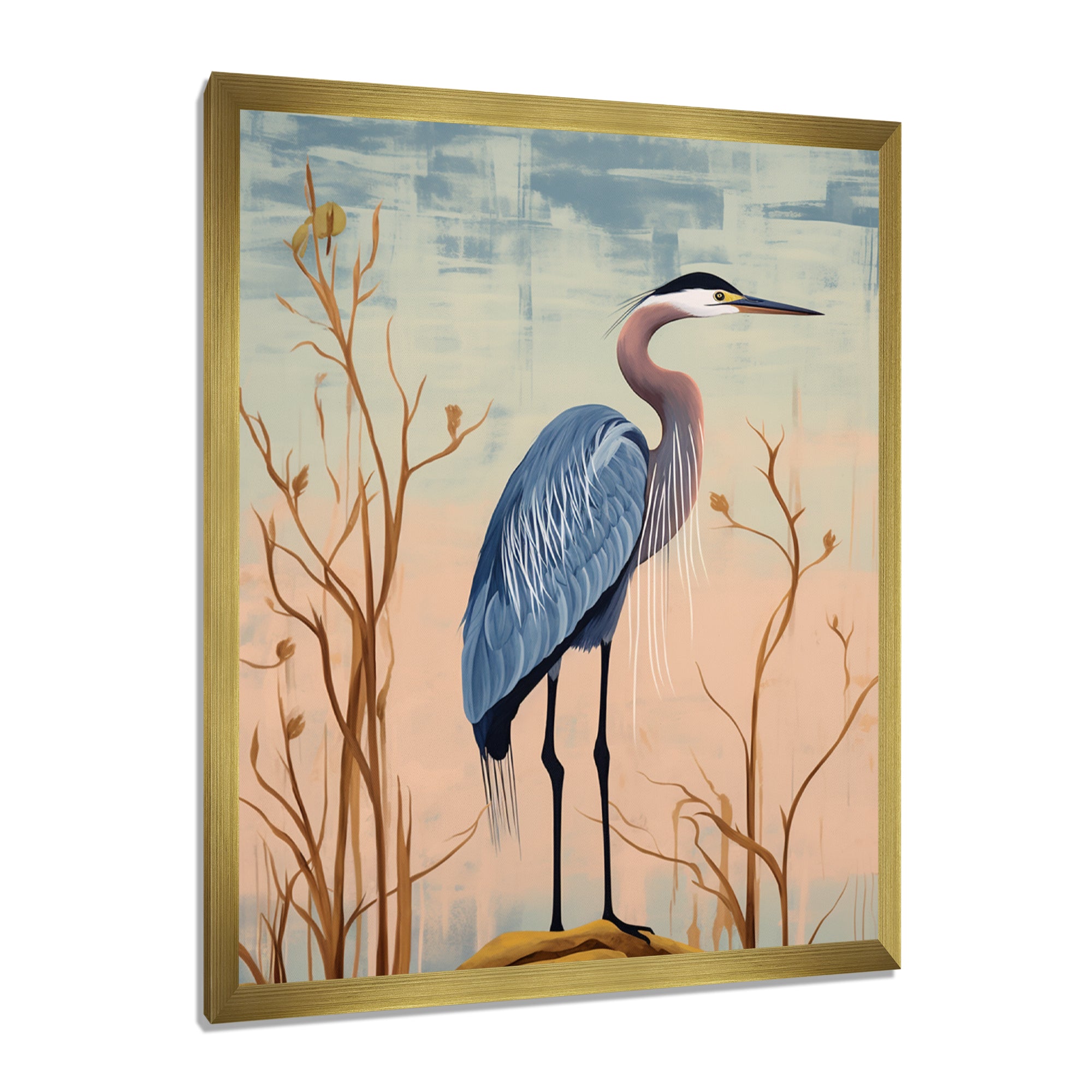 Blue Heron Pink Sky Retro Illustration - Blue Heron Wall Art