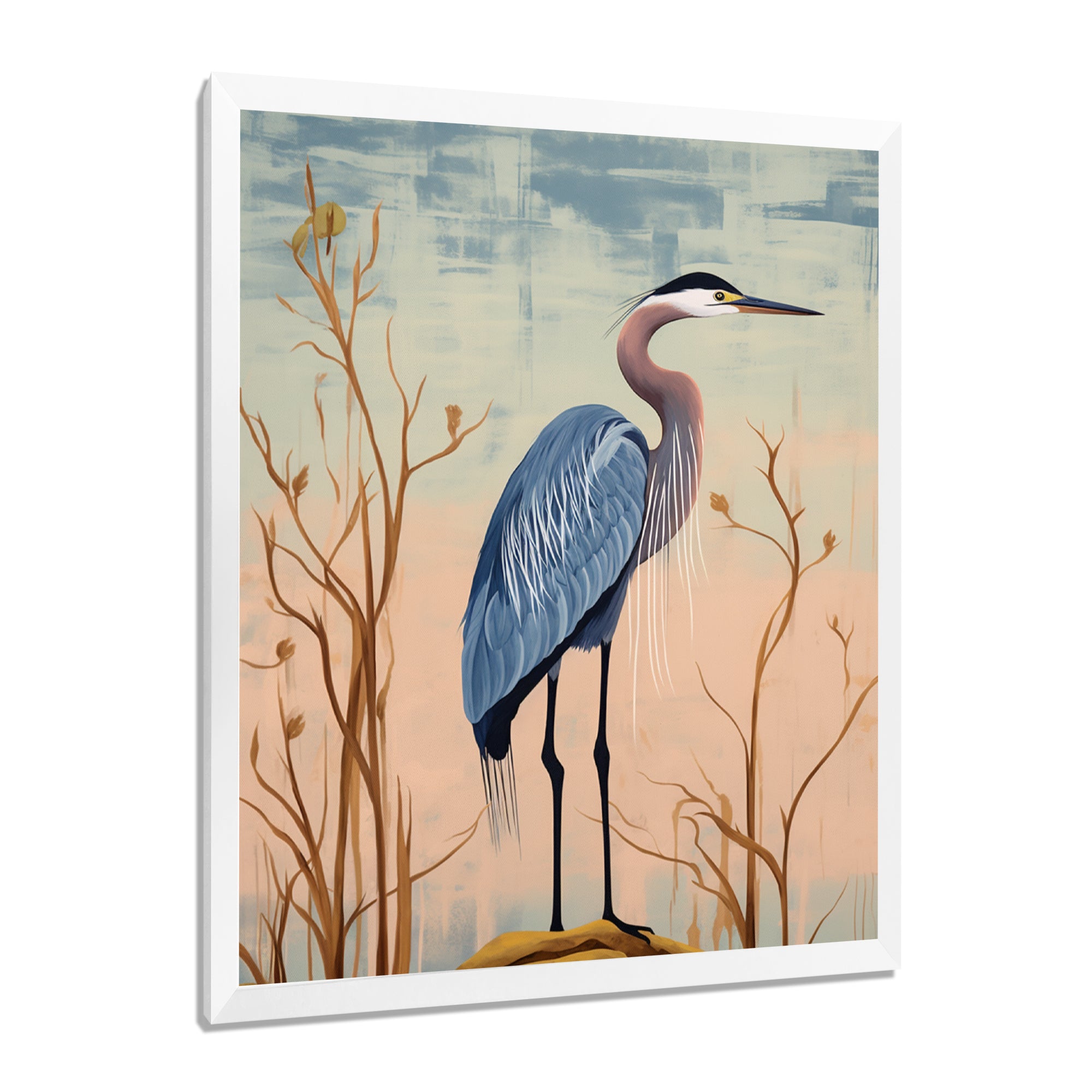Blue Heron Pink Sky Retro Illustration - Blue Heron Wall Art
