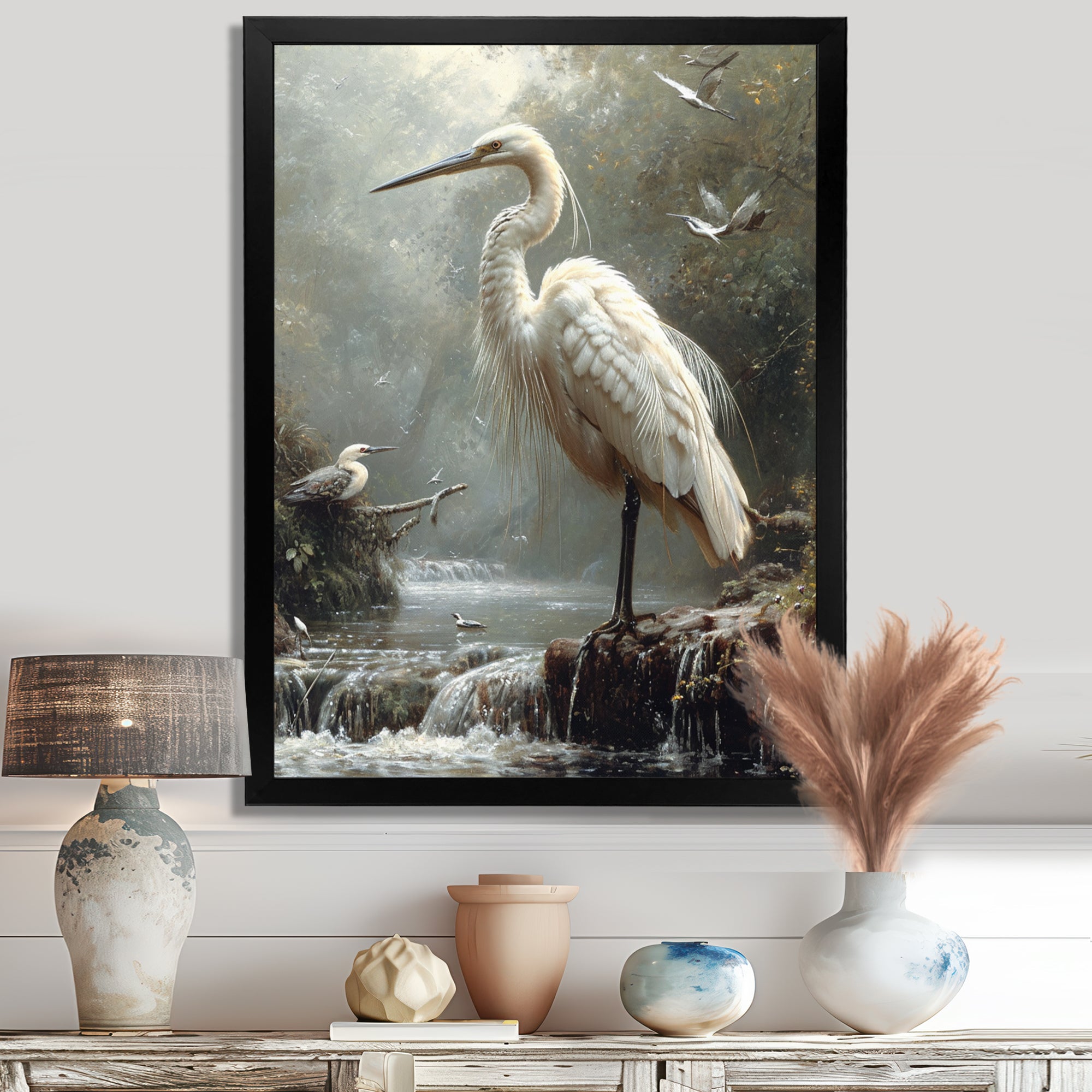 White Heron Looking For River Pray - Heron Framed Canvas Art