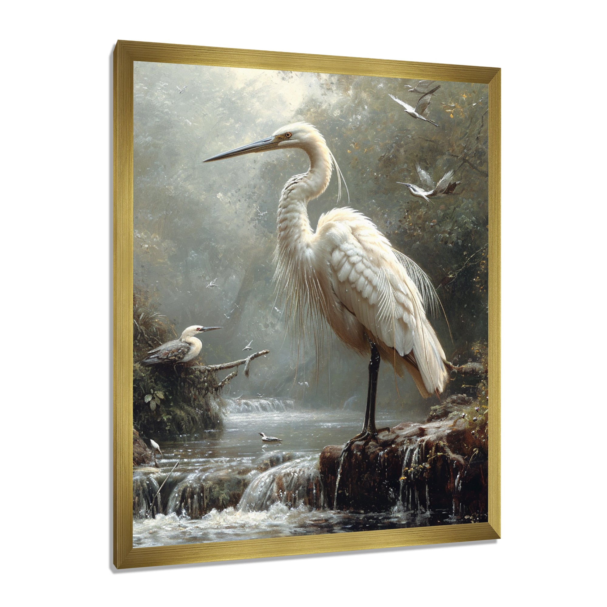 White Heron Looking For River Pray - Heron Framed Canvas Art