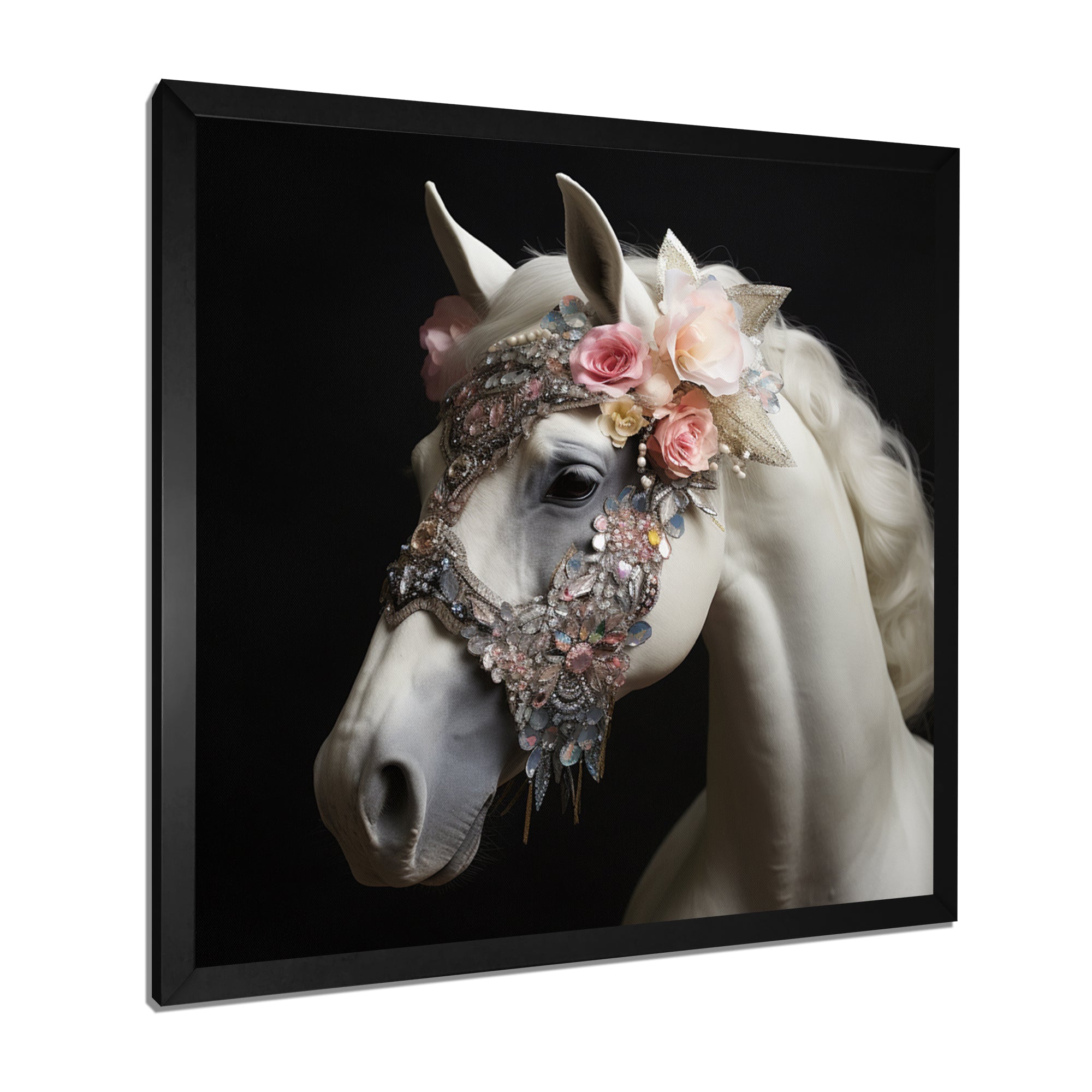 Glamorous White Horse With Pink Flowers - Horse Canvas Wall Art