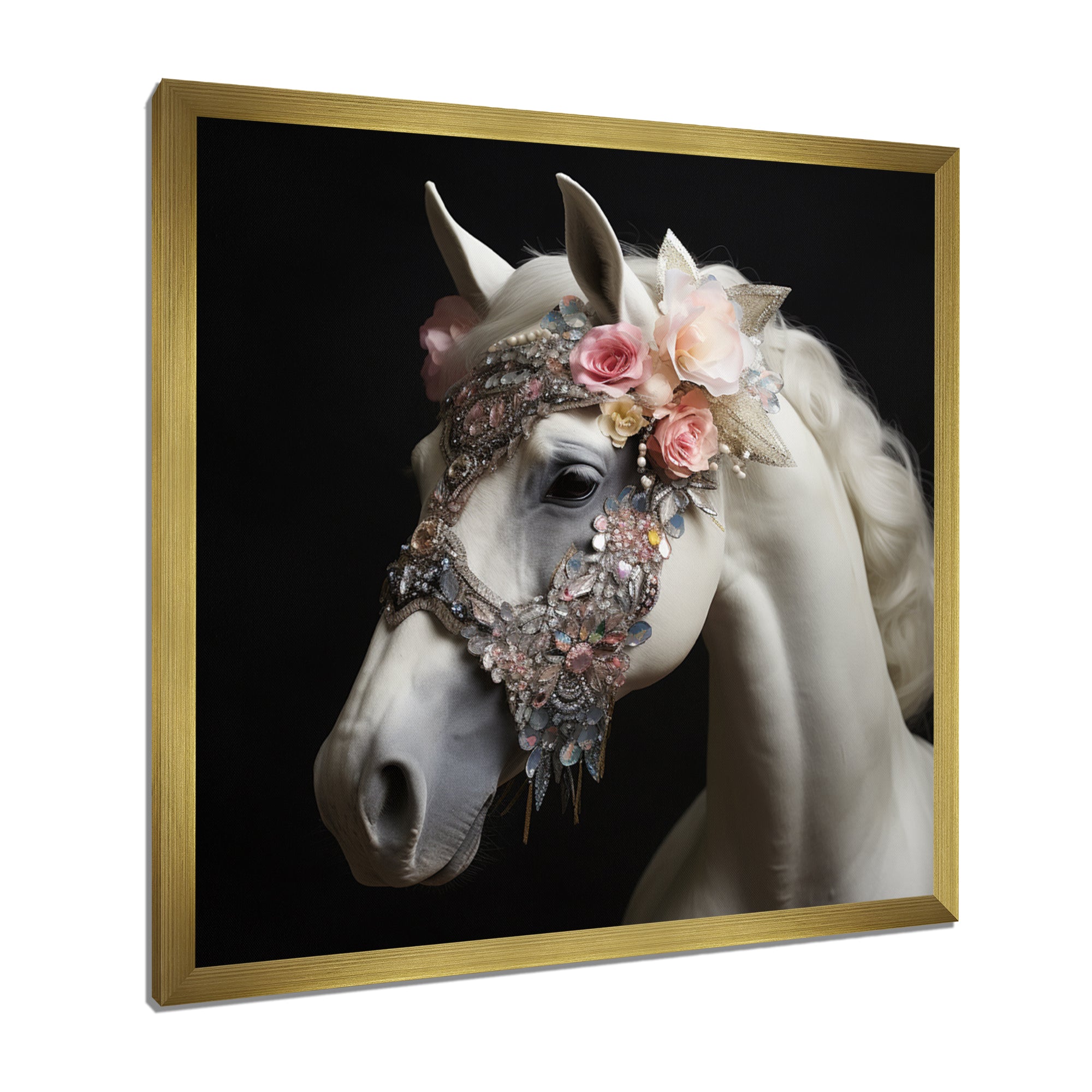 Glamorous White Horse With Pink Flowers - Horse Canvas Wall Art