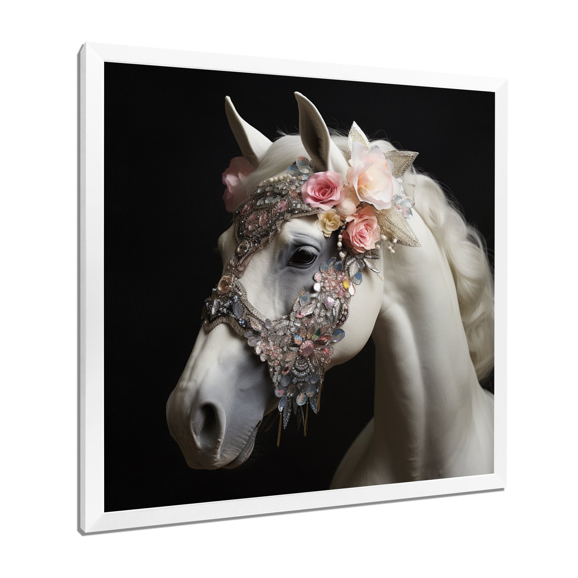 Glamorous White Horse With Pink Flowers - Horse Canvas Wall Art