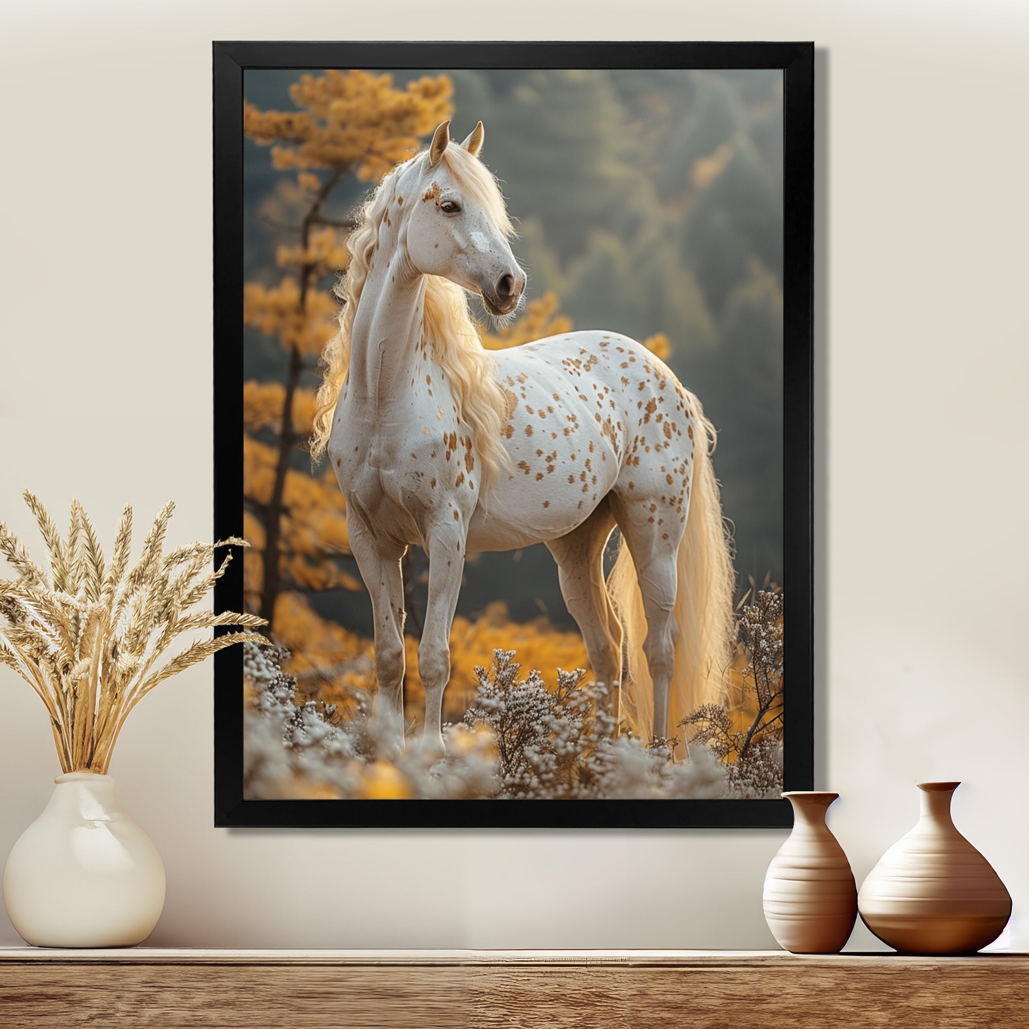 Majestic White Horse Autumn Forest Sunset - Horse Canvas Wall Art