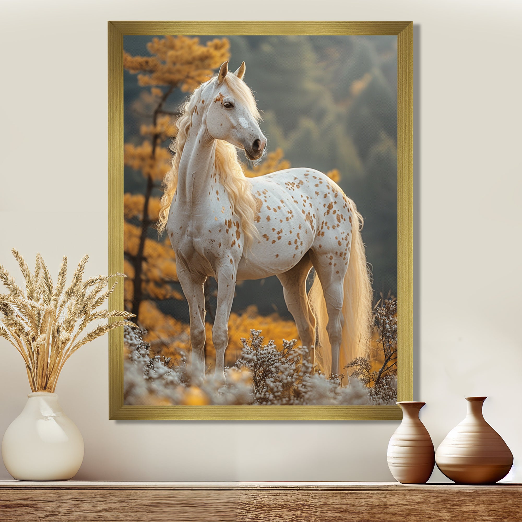 Majestic White Horse Autumn Forest Sunset - Horse Canvas Wall Art