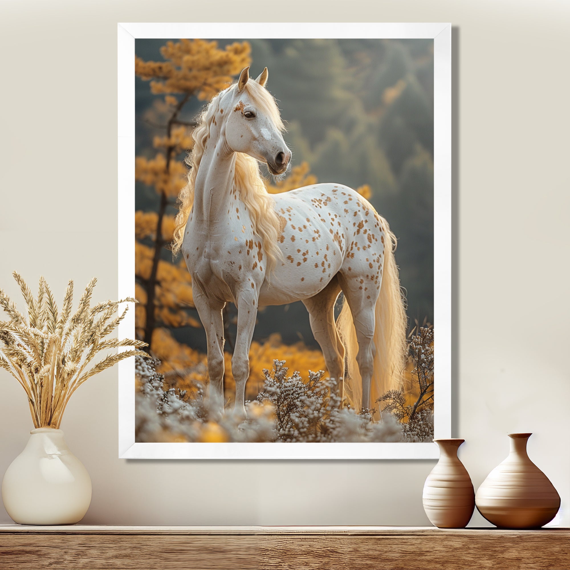 Majestic White Horse Autumn Forest Sunset - Horse Canvas Wall Art