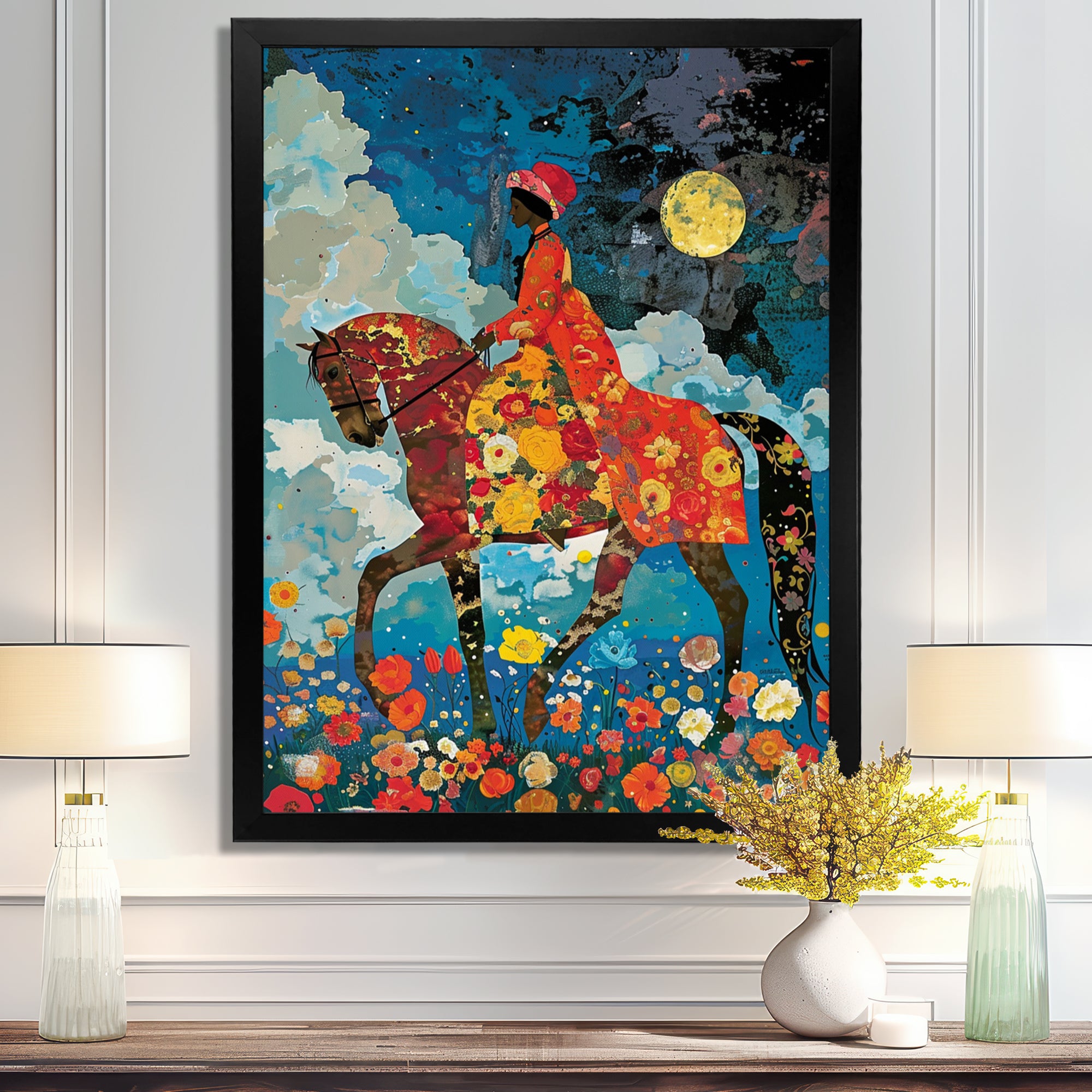 Lady Riding Horse Full Moon Flower Field - Horse Wall Art Prints
