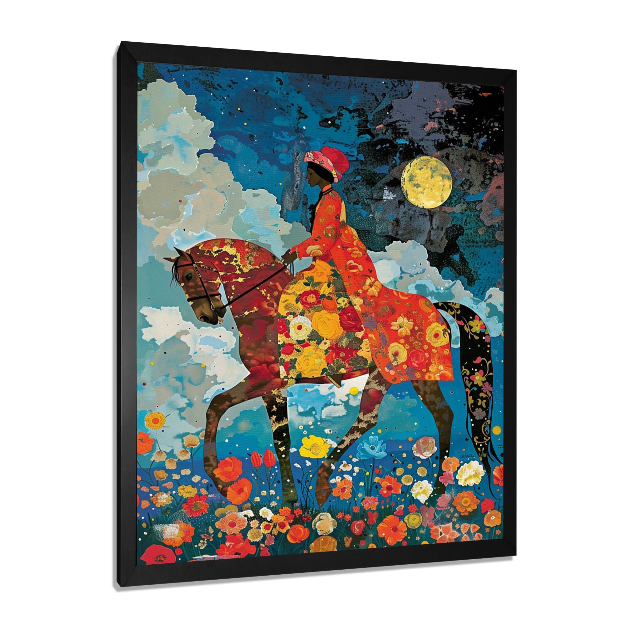 Lady Riding Horse Full Moon Flower Field - Horse Wall Art Prints