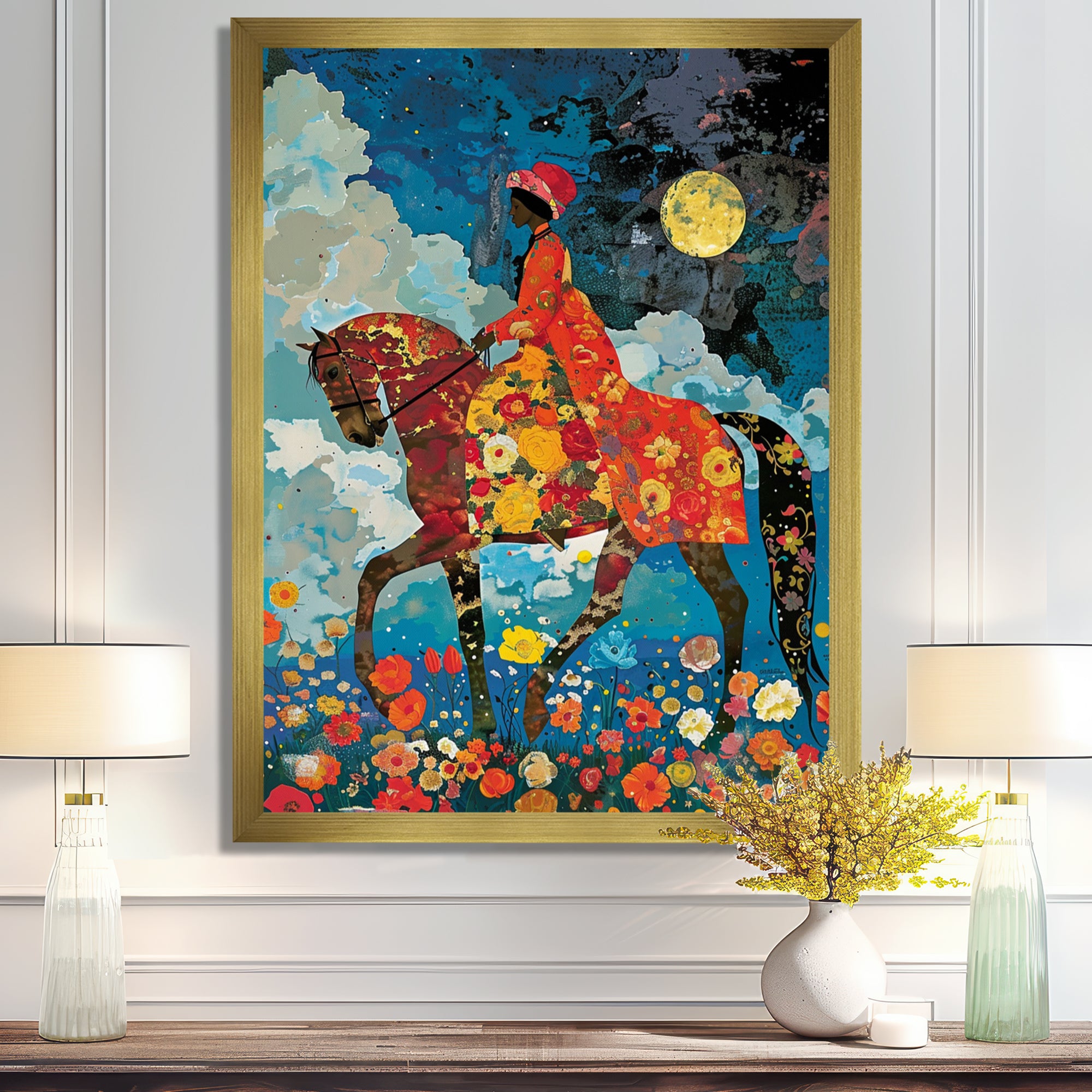 Lady Riding Horse Full Moon Flower Field - Horse Wall Art Prints