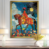 Lady Riding Horse Full Moon Flower Field - Horse Wall Art Prints