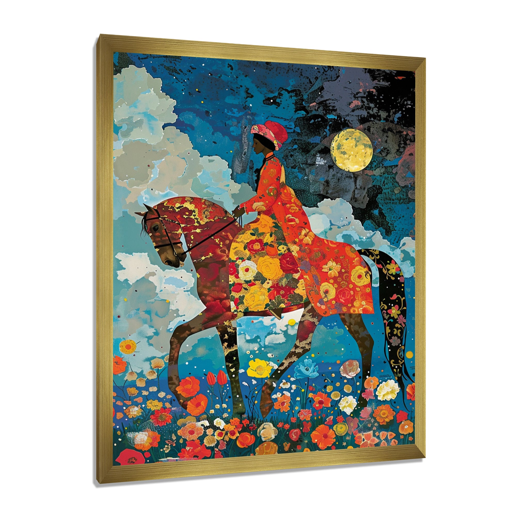 Lady Riding Horse Full Moon Flower Field - Horse Wall Art Prints
