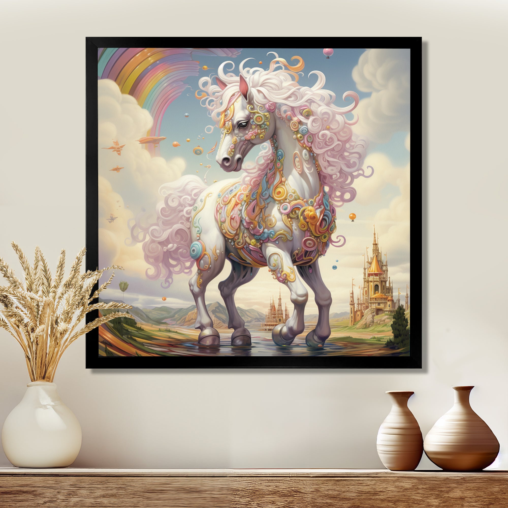 White Unicorn Horse Pink Manes Rainbow - Horse Framed Canvas Art