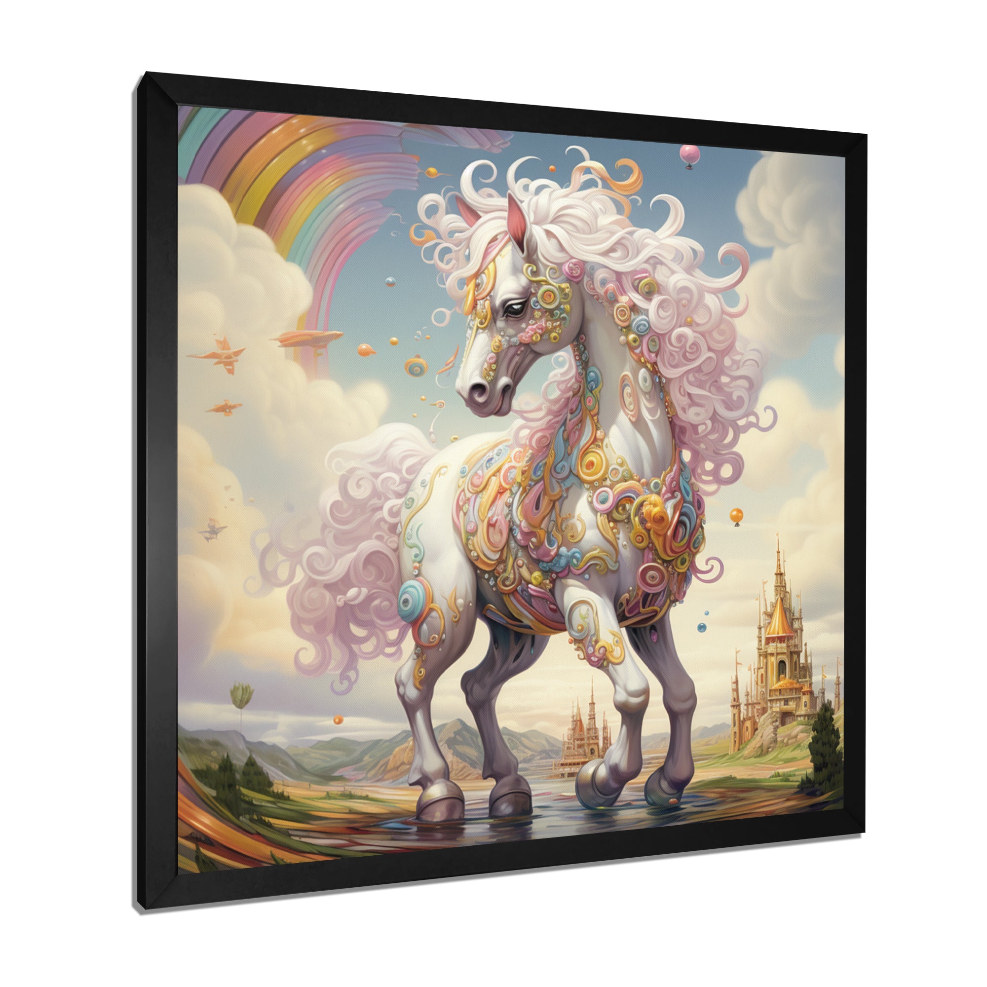 White Unicorn Horse Pink Manes Rainbow - Horse Framed Canvas Art