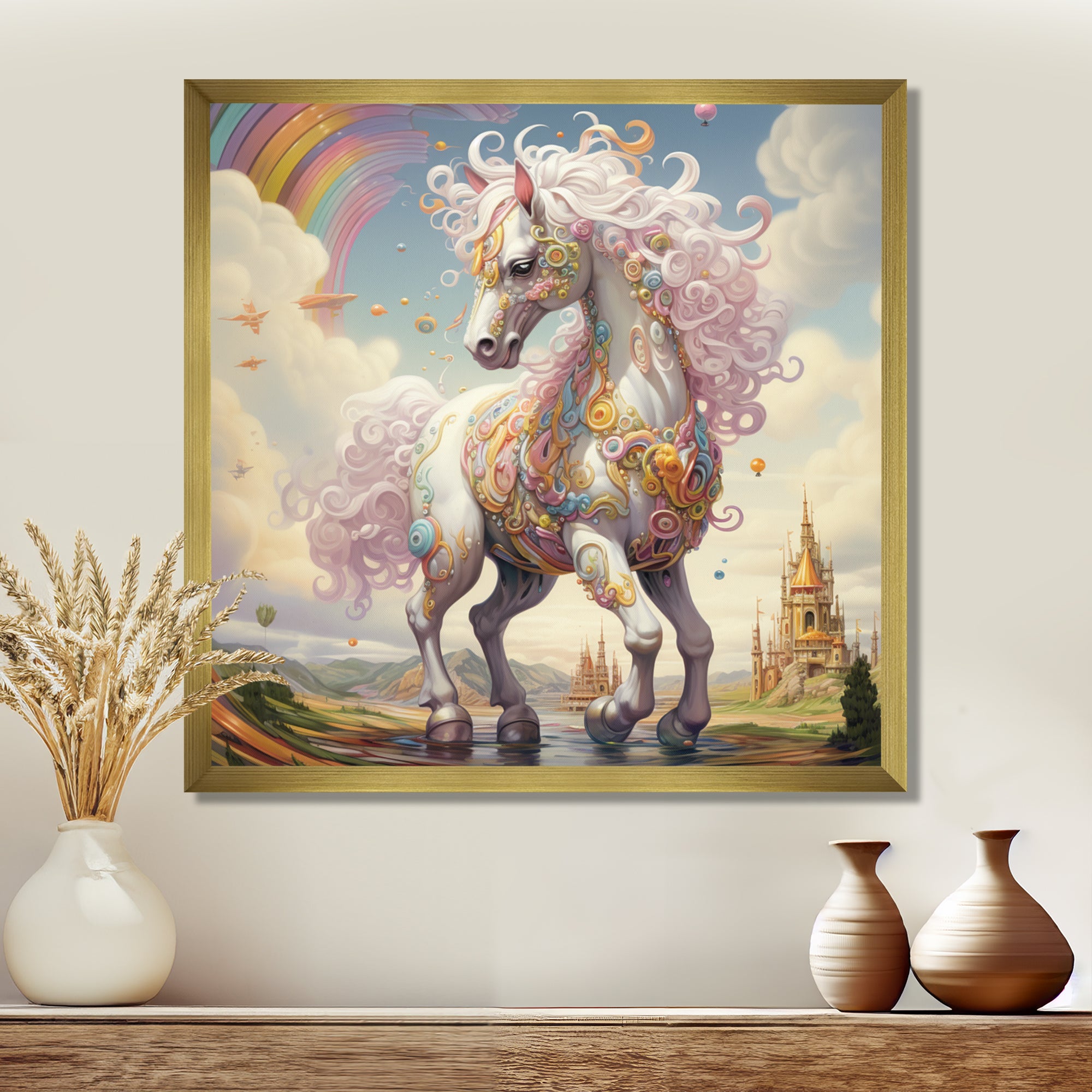 White Unicorn Horse Pink Manes Rainbow - Horse Framed Canvas Art