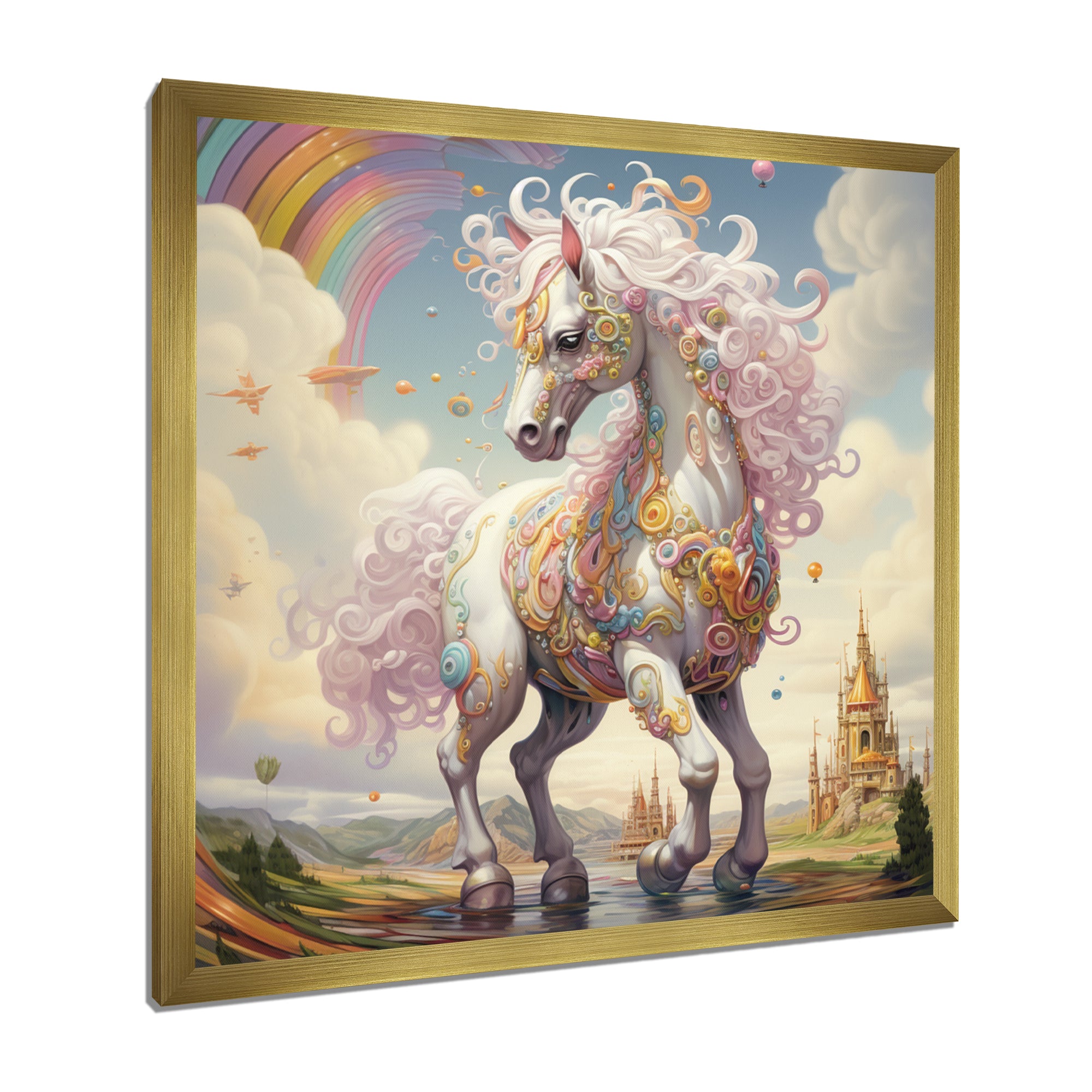 White Unicorn Horse Pink Manes Rainbow - Horse Framed Canvas Art