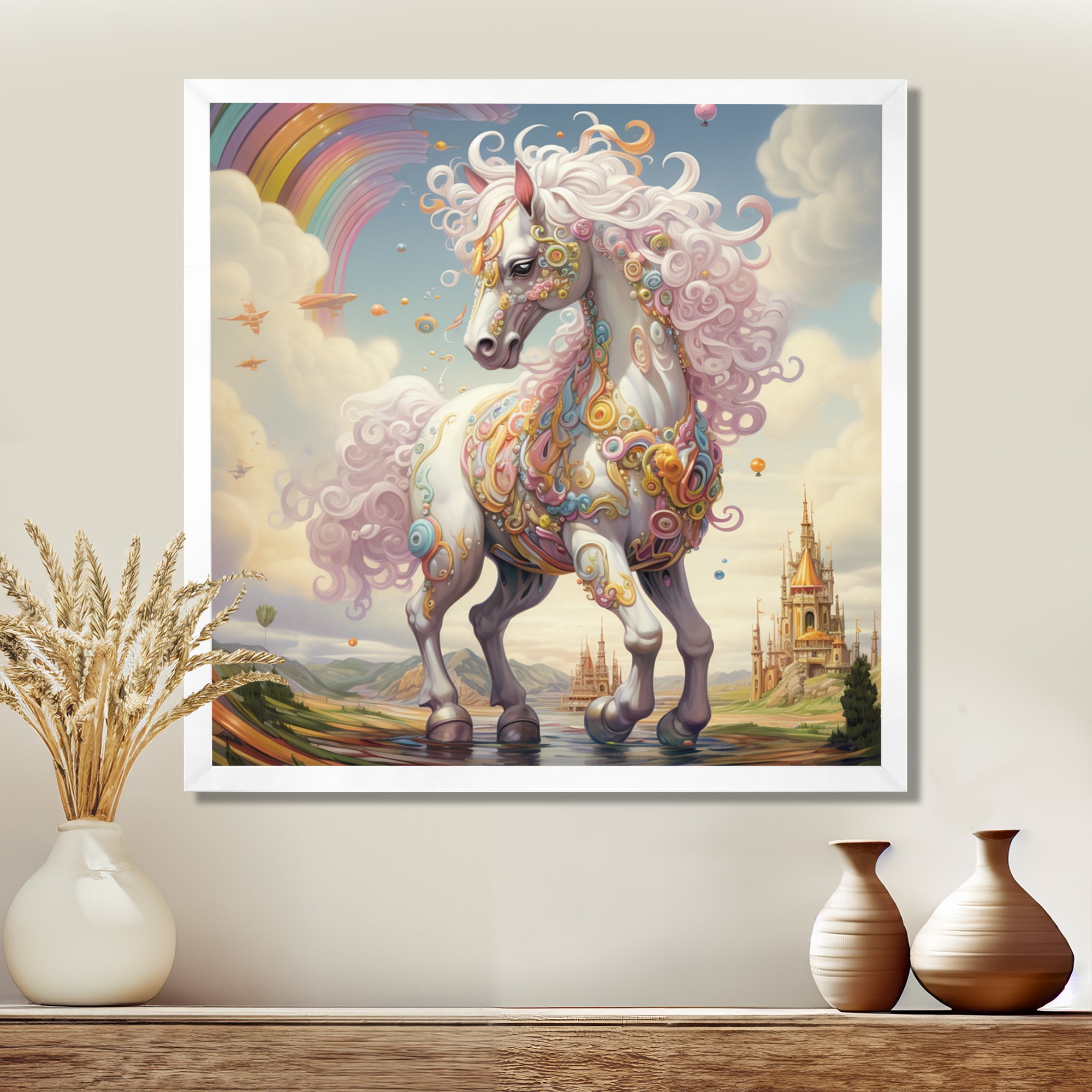 White Unicorn Horse Pink Manes Rainbow - Horse Framed Canvas Art