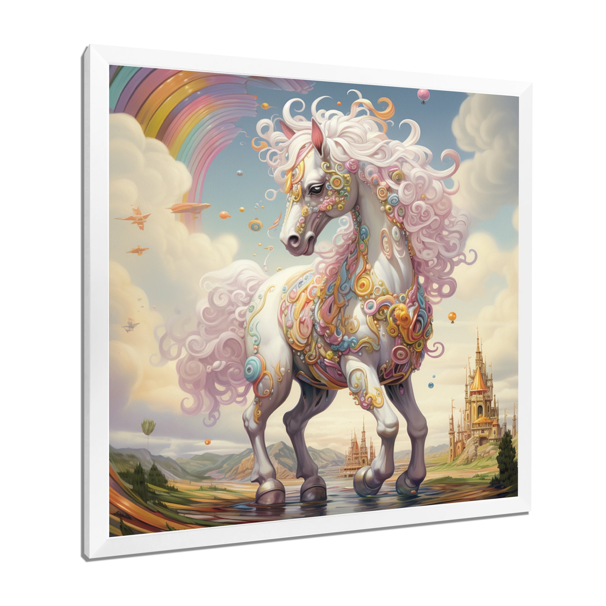 White Unicorn Horse Pink Manes Rainbow - Horse Framed Canvas Art
