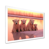 Four Adorable Polar Bears Pink Sunset - Bear Landscape Living Room Wall Art