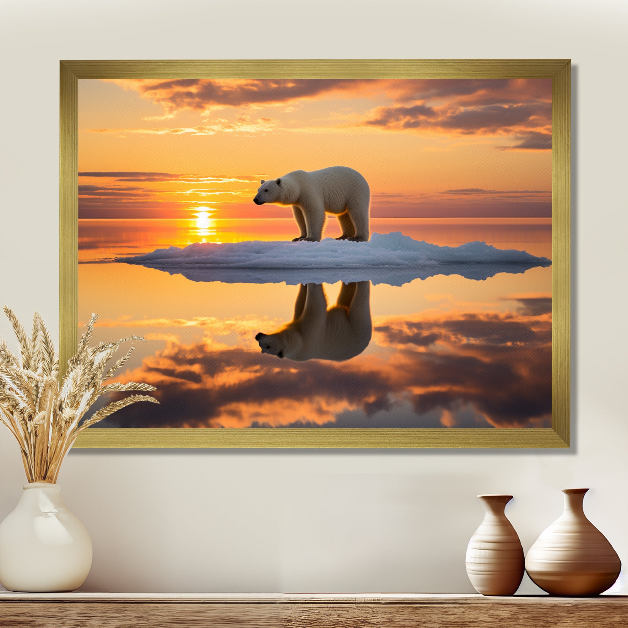 Polar Bear On Iceberg Pink Sunset - Bear Landscape Bedroom Wall Art