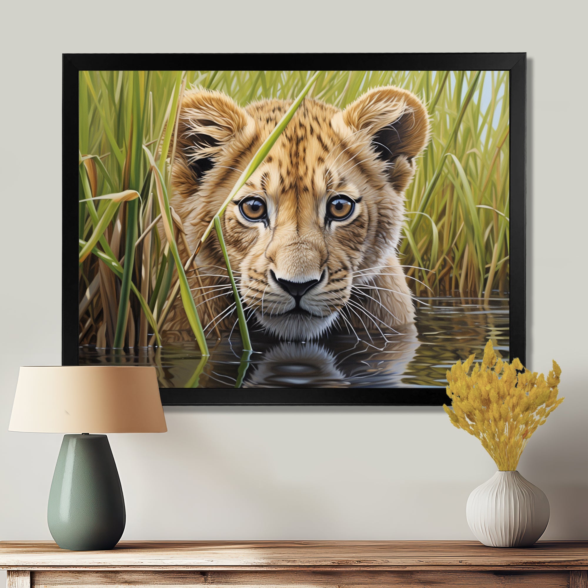 Endearing Lion Cub By The River - Lion Large Canvas Wall Art