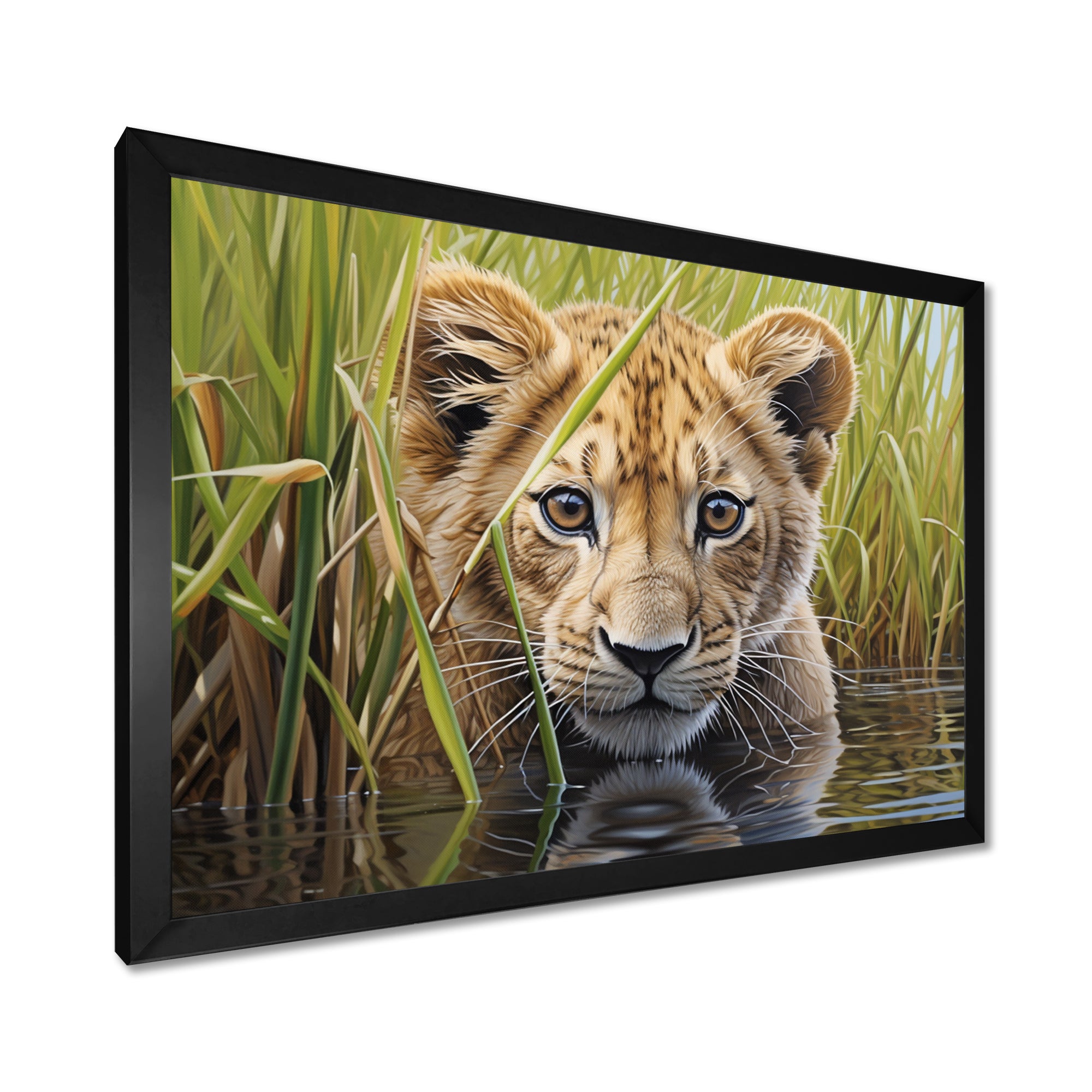 Endearing Lion Cub By The River - Lion Large Canvas Wall Art