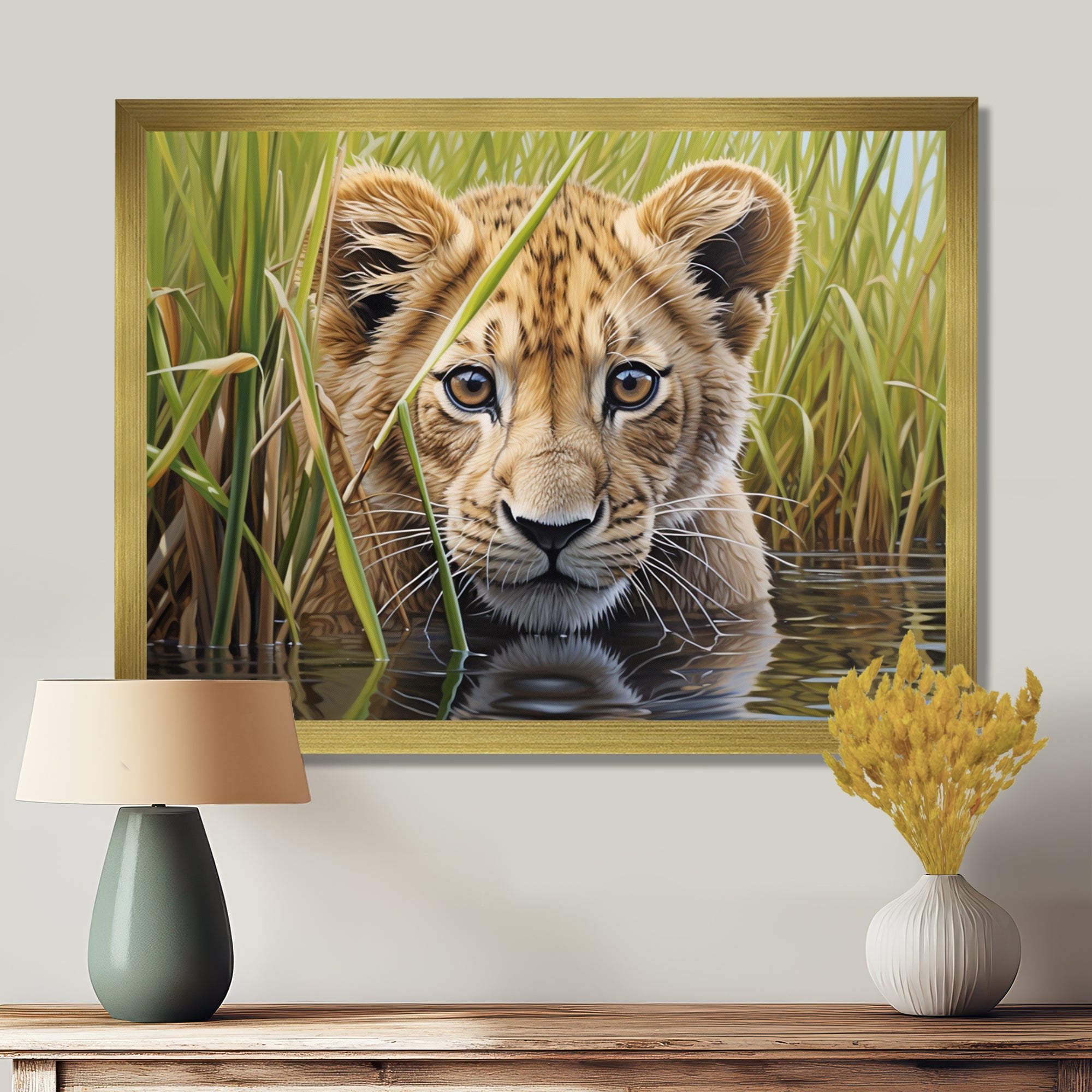 Endearing Lion Cub By The River - Lion Large Canvas Wall Art