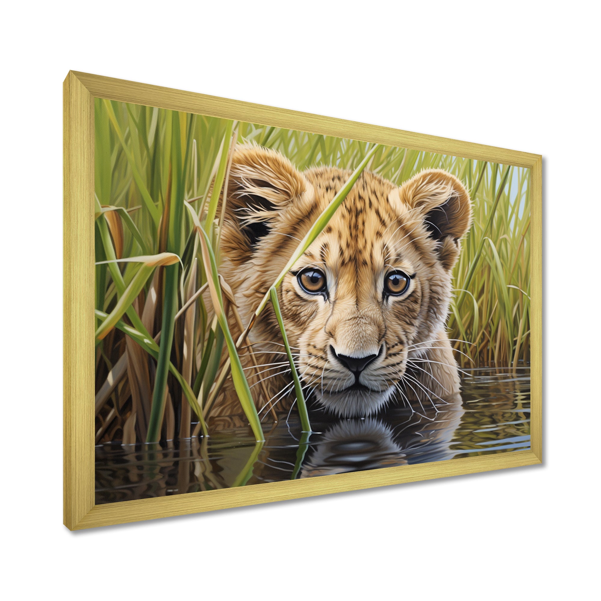 Endearing Lion Cub By The River - Lion Large Canvas Wall Art